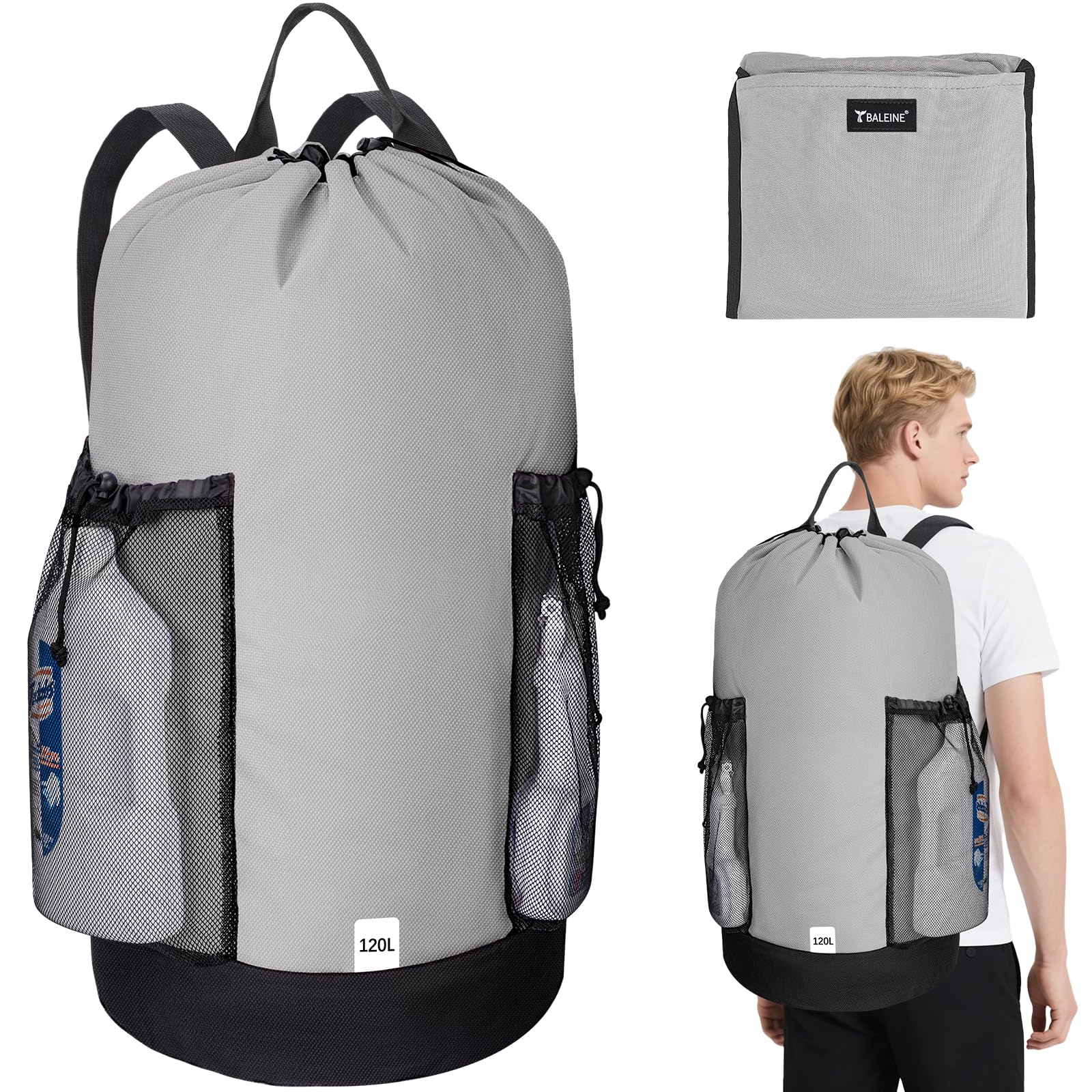 BALEINE Mochila de lavandería de 120 L, tela Oxford 600D, bolsas de lavandería con correas para los hombros y 2 bolsillos de malla