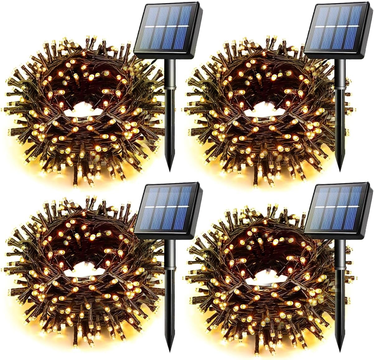 Voolex 4-Pack Solar Christmas String Lights Outdoor -100LED 33FT Solar Powered LED String Light Waterproof with 8 Modes, Solar Powered Lights for Garden, Fence, Party, Tree Decorations Warm White