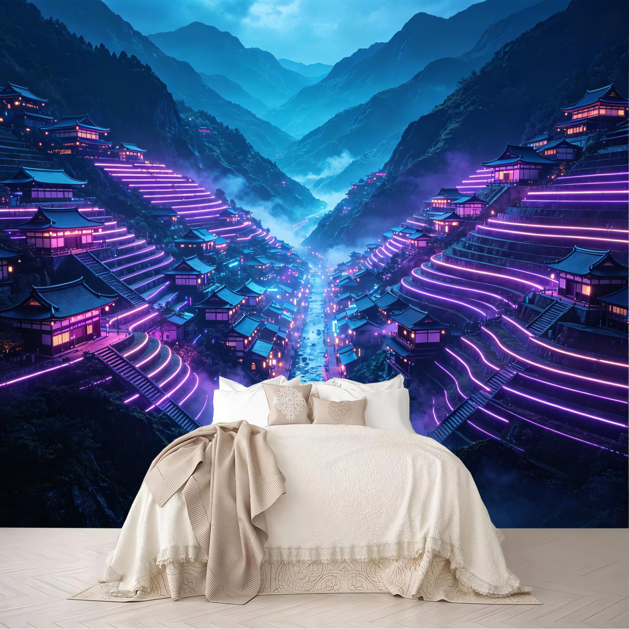 Dskjoviality Ab260706043 Custom Size Wall Mural Neon Mountain Valley Traditional Town Night Scenery Removable Self Adhesive Peel And Stick Wallpaper For Bedroom Living Room