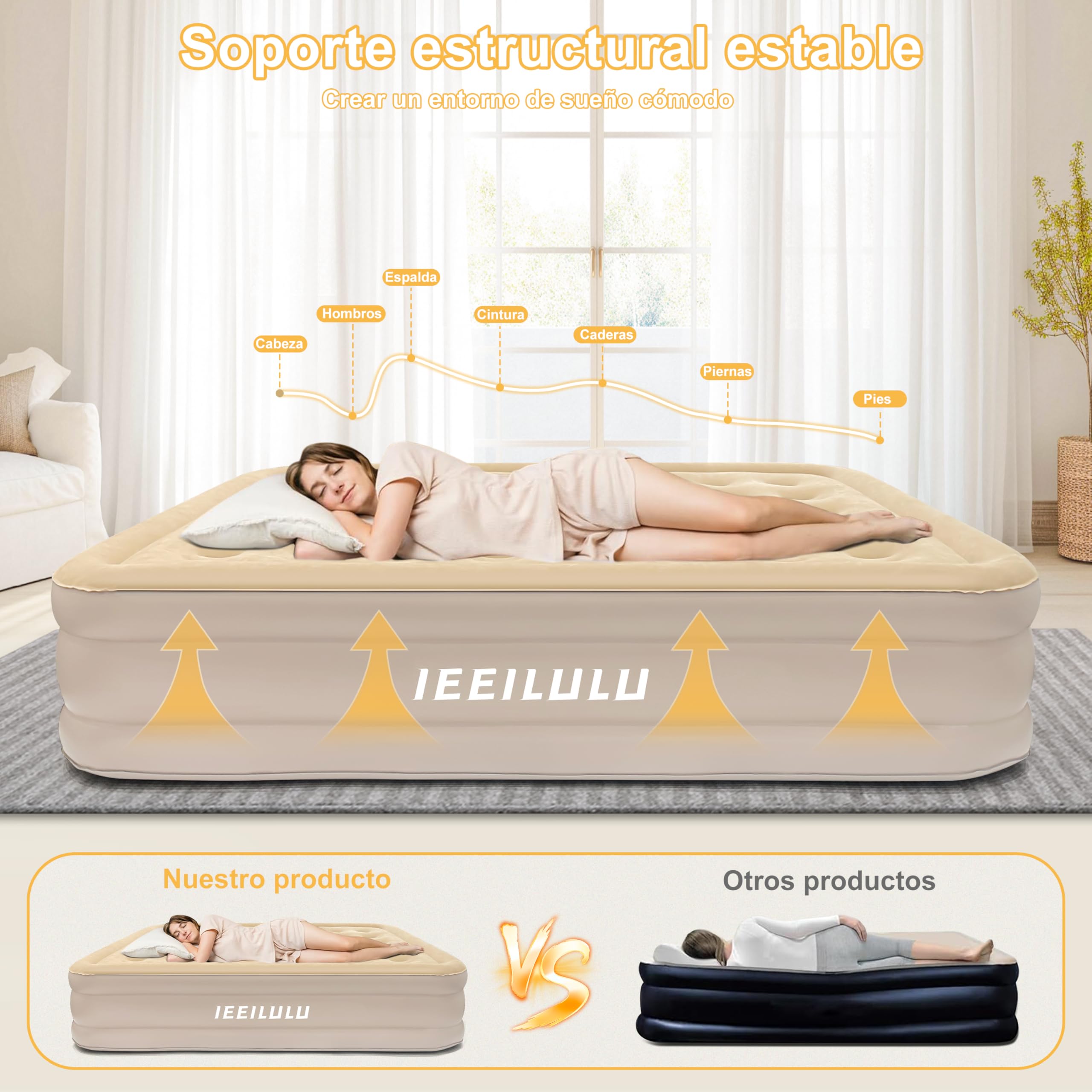 IEEILULU Colchón Hinchable con Bomba Eléctrica, Rápido Inflado y Desinflado, Portátil Cama de Aire con Almohada y Función de Luz Nocturna, Camas hinchables para el Hogar, Viajes y Camping (Doble)