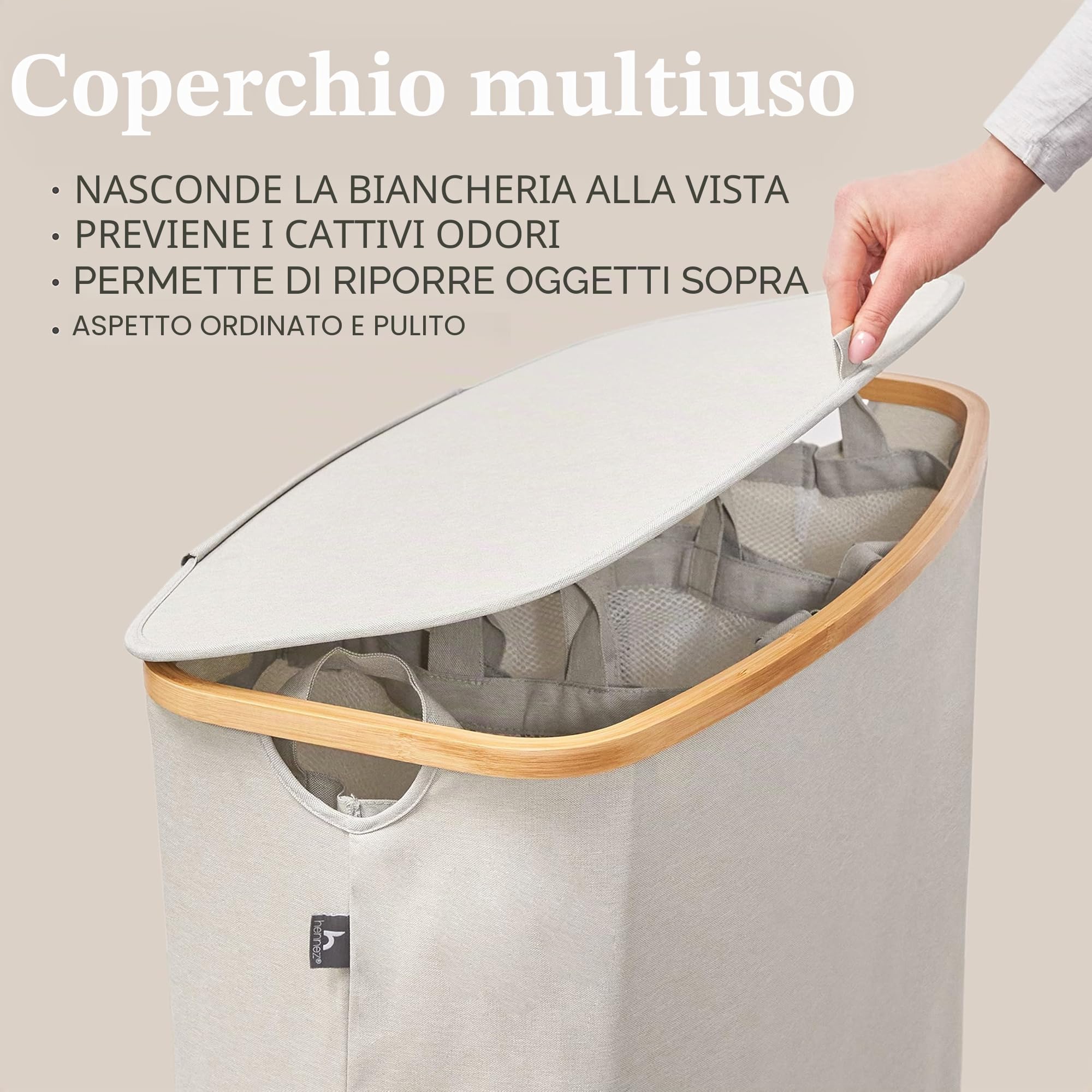 HENNEZ - Cesto Portabiancheria con Coperchio Grigio Chiaro/Beige 150L - 3 Scomparti - Cesta per Panni Sporchi in vimini - Cesta Porta Biancheria Sporca per Bagno - Cesto Portabiancheria Salvaspazi