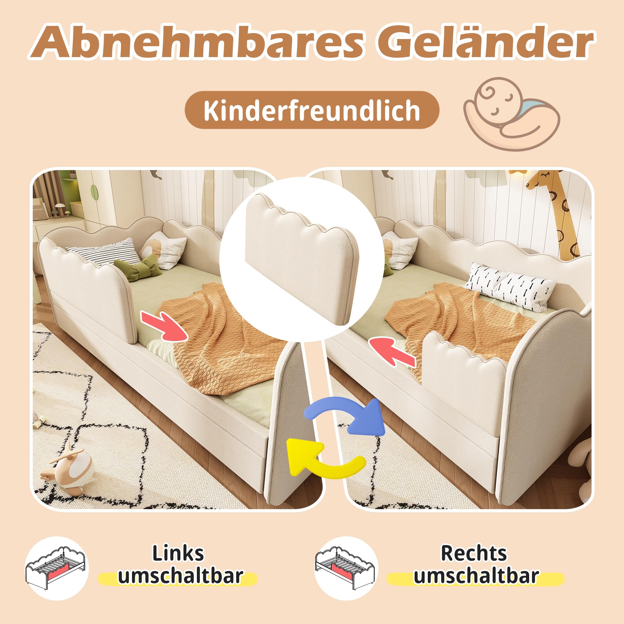 Kebnor Polsterbett Daybett 90x190cm,Tagesbett Schlafsofa mit Ausziehbett 90x190cm, Kinderbett mit Lattenrost, ohne Matratze (Leinen, Beige)