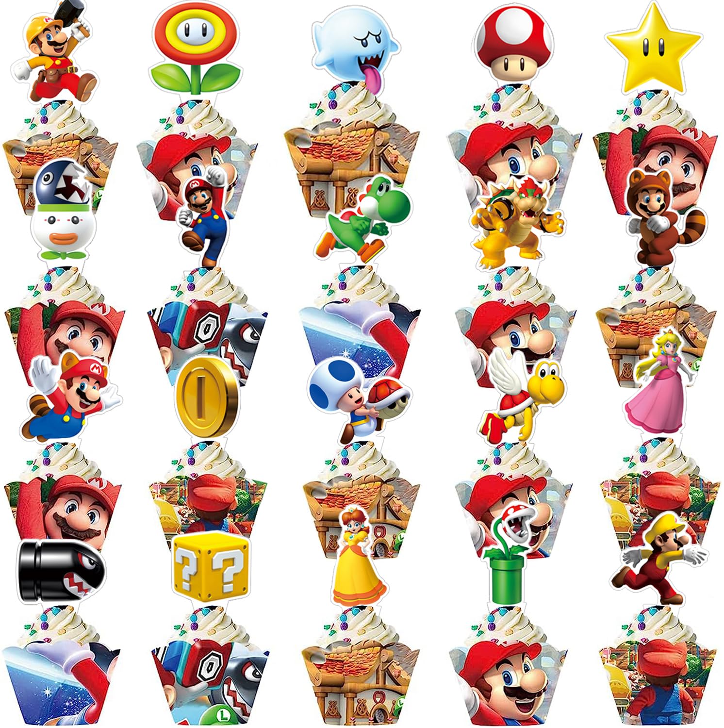 Grehge Mario Birthday Mario Cupcake Topper 24Pcs, Party Supplies Decorations for Mario Party Supplies Decor