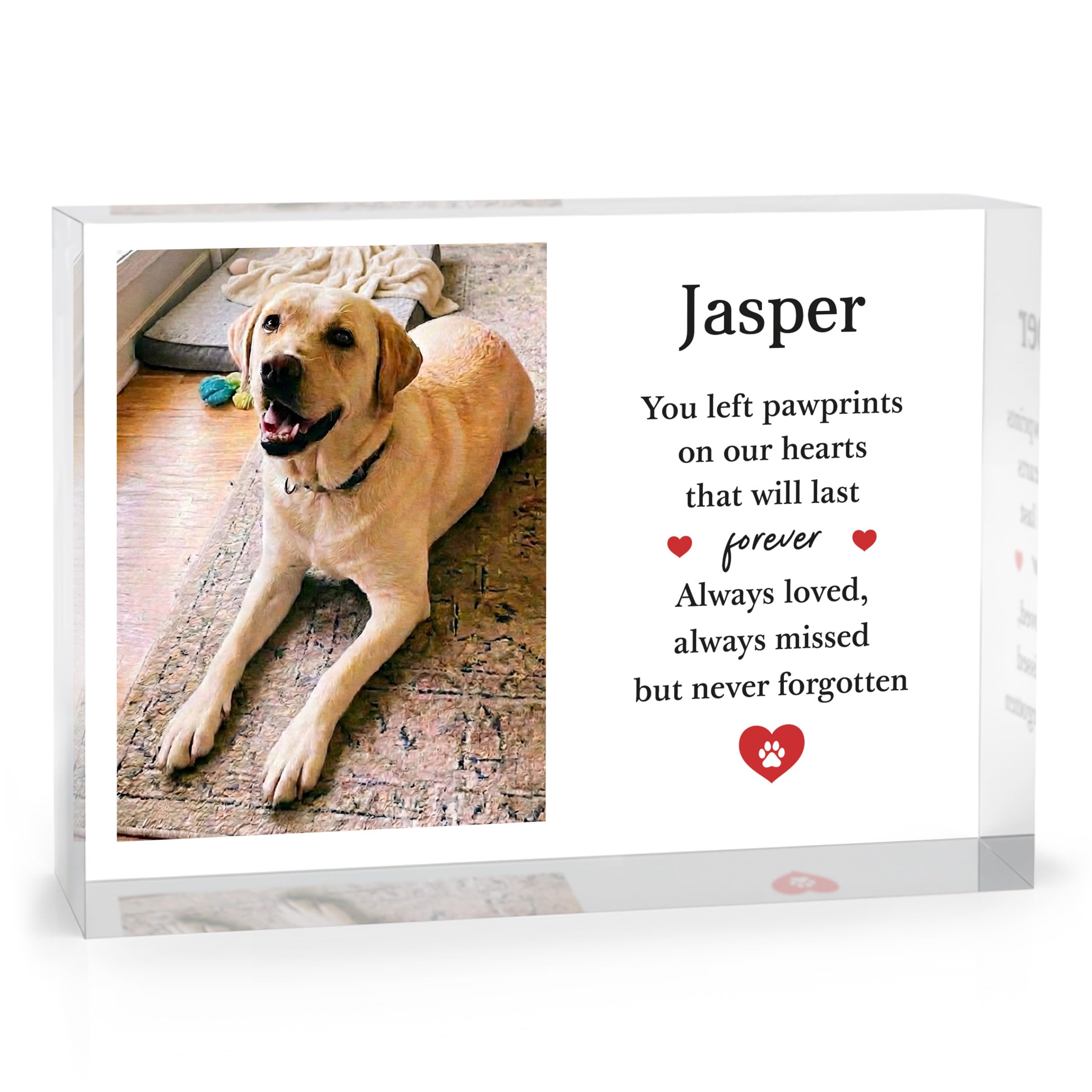 Beecreative Personalised Pet Memorial Photo Gift - Clear Acrylic Photo Block - Custom Dog Cat Memorial Plaque - With White Gift Bag