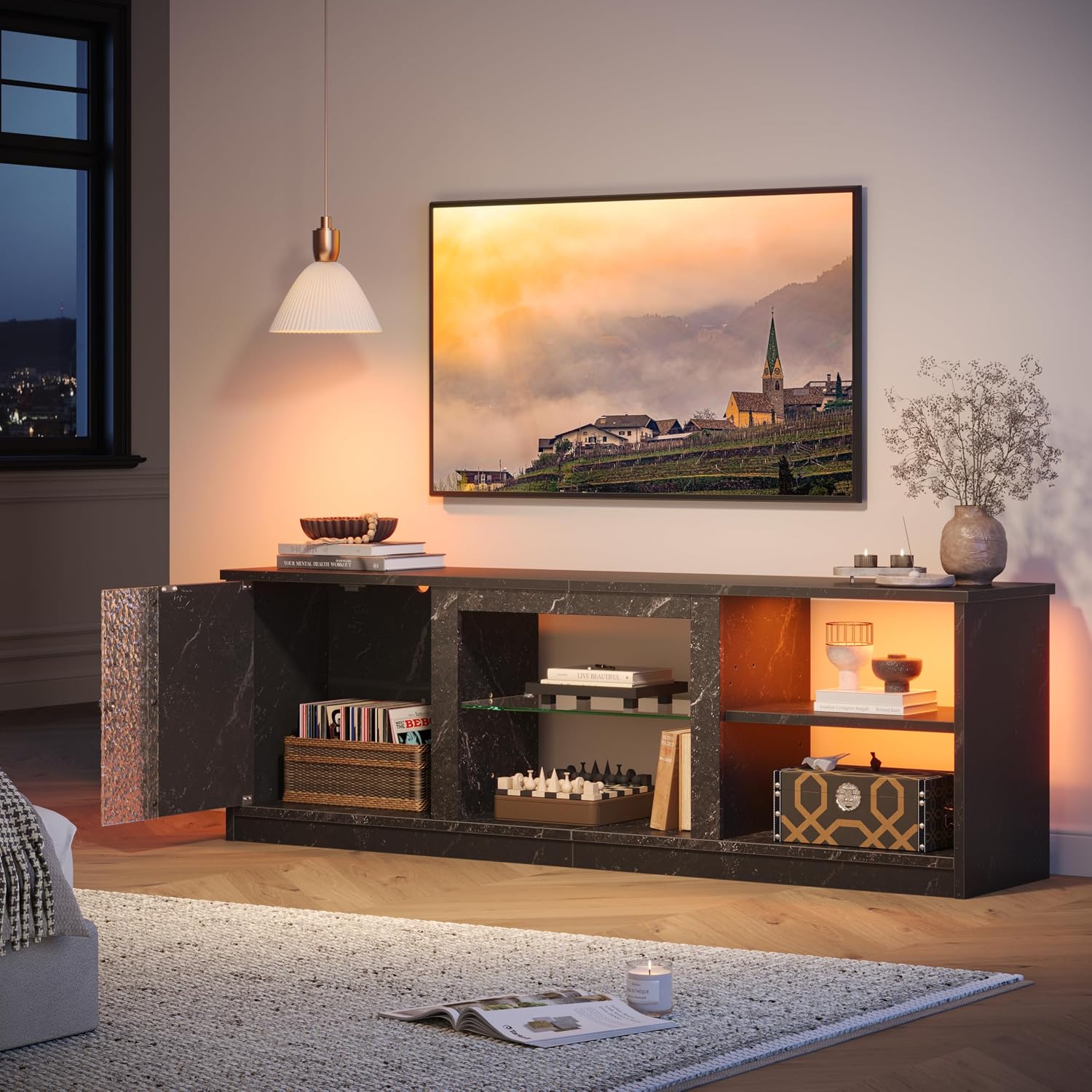 Pinmoco 63-Inch LED TV Stand in a living room setting with a large TV and ambient lighting.