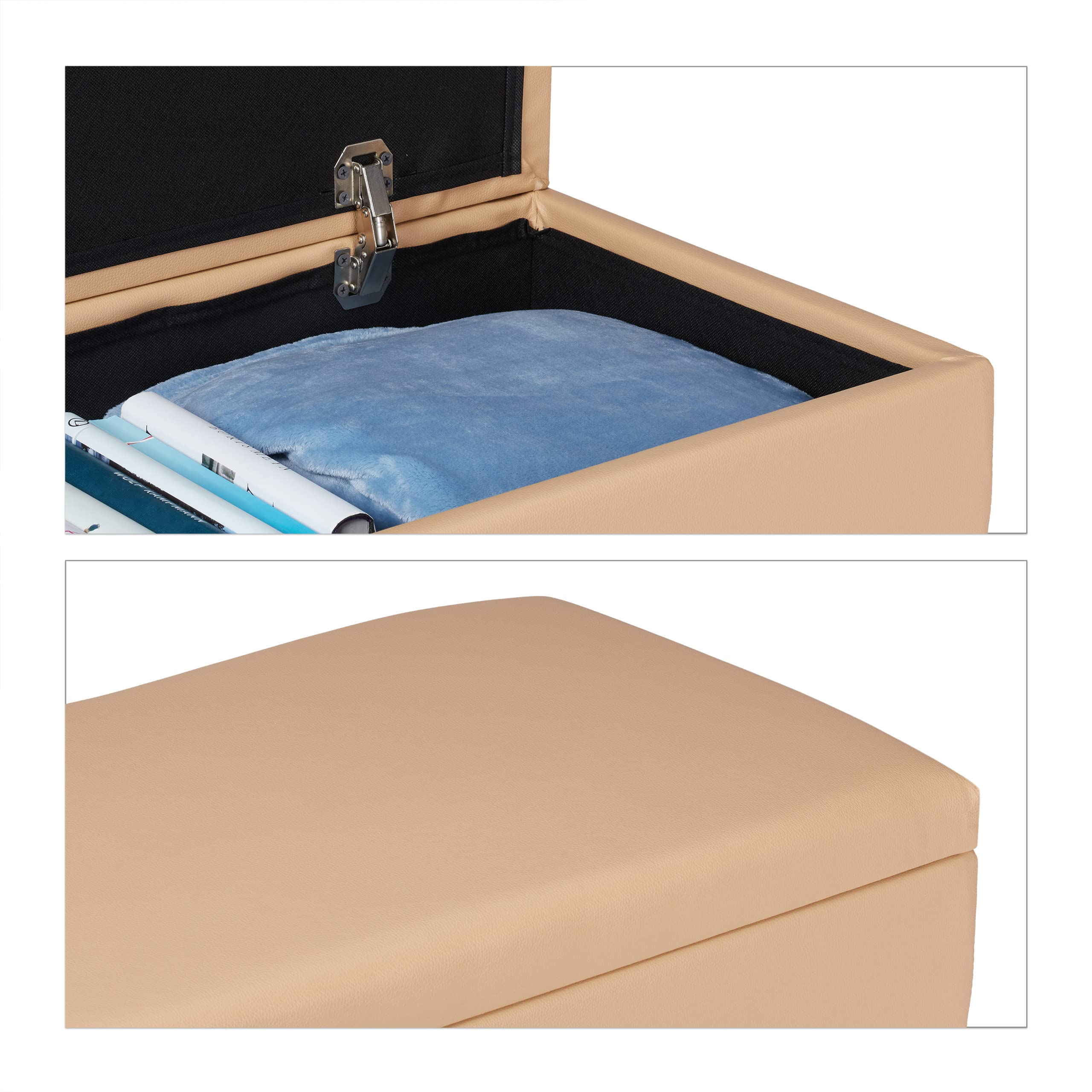 Relaxdays Banco Almacenamiento 40 L, Acolchado, Patas de Madera, Cuero Sintético, 40 x 80 x 39,5 cm, Asiento Baúl, Beige