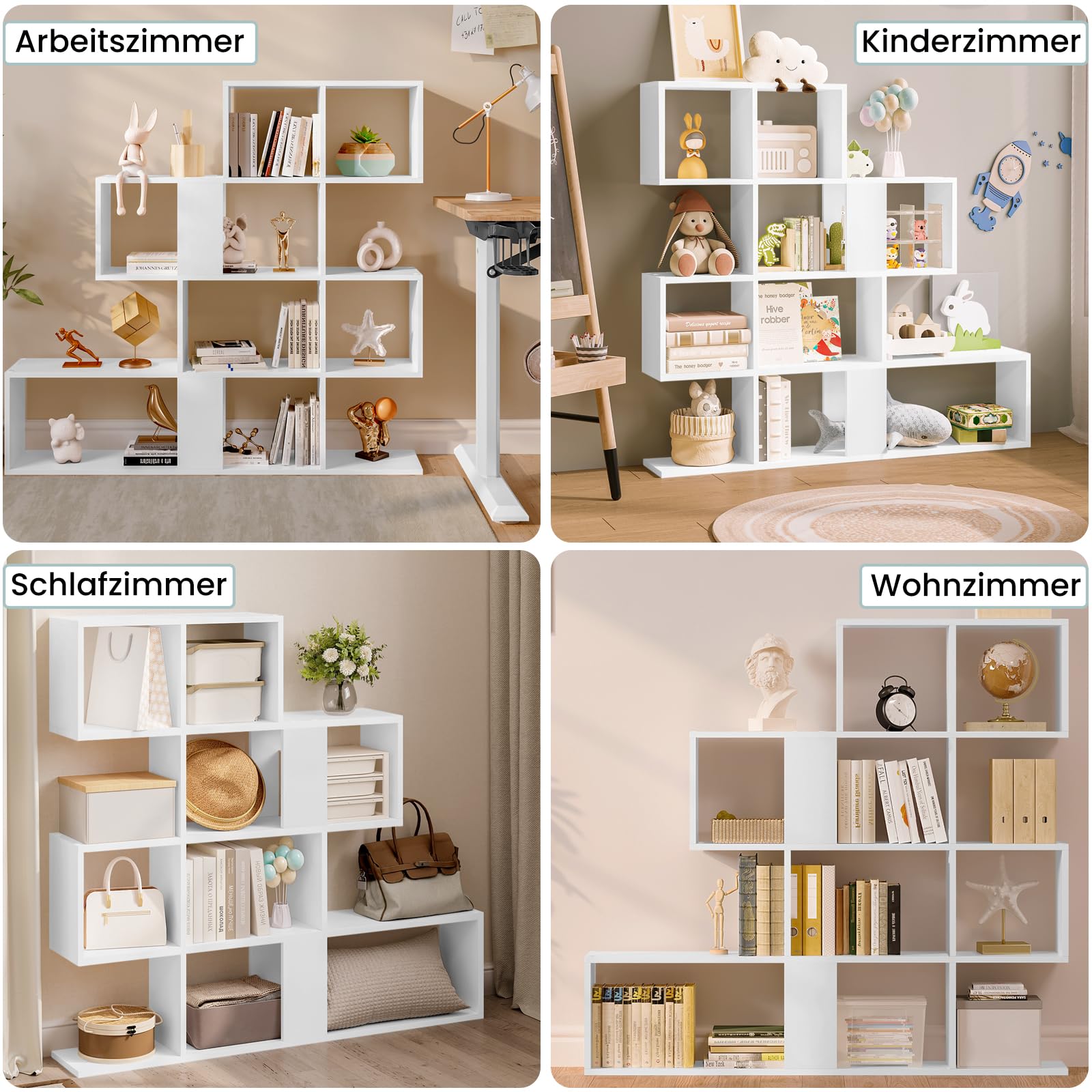 eSituro Bücherregal 4 Ebenen, Raumteiler Regal mit 11 offenen Fächern, freistehendes Treppenregal, Standregal, Stufenregal, für Wohnzimmer, Schlafzimmer, Büro, 115x109,5x19,5 cm, weiß