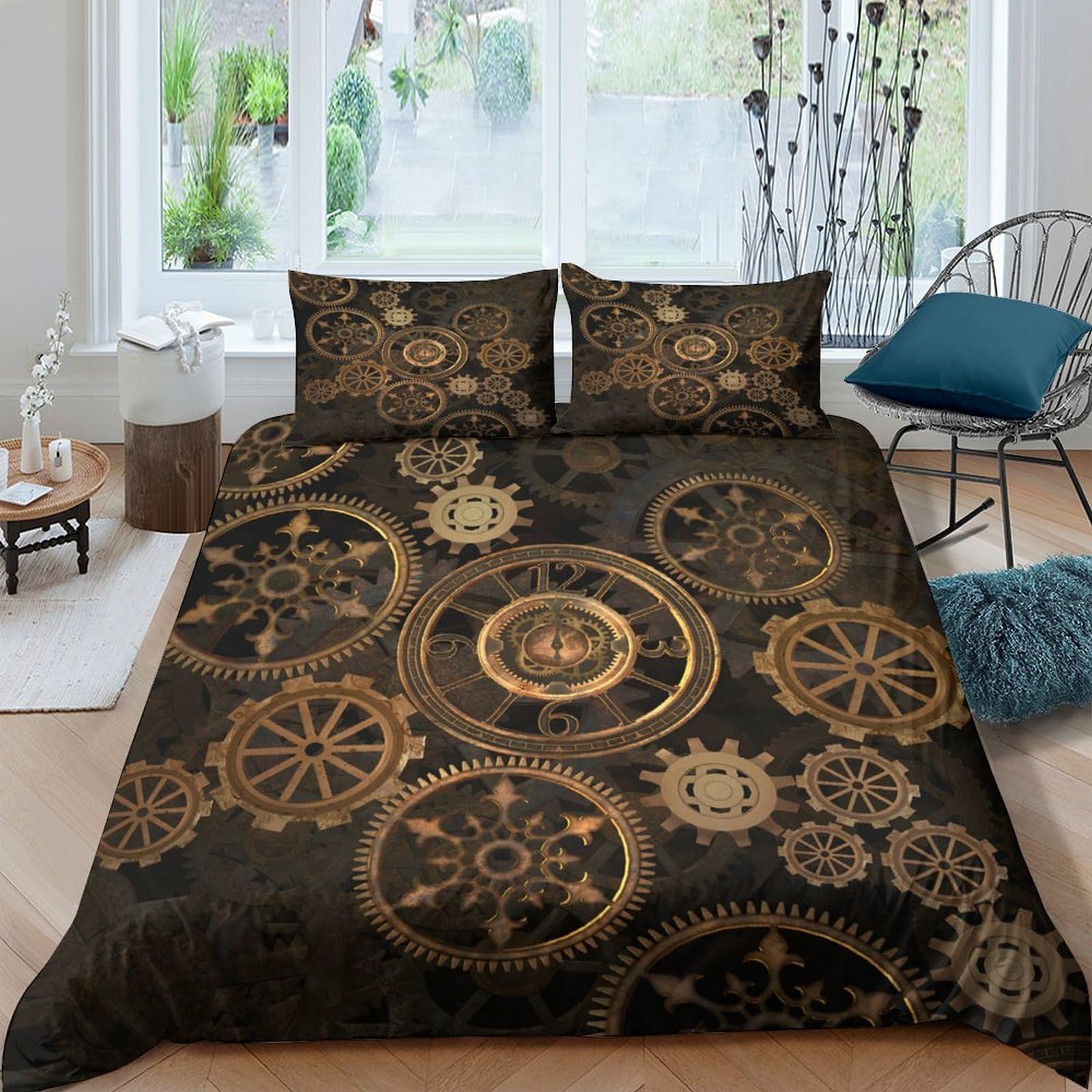 Ctjqhvkz Style-9 3D Printed Steampunk Gear Fitted Sheet Microfiber Soft Brown Clockwork Mattress Cover For Bedroom Dorm Decor Single（135X200cm）