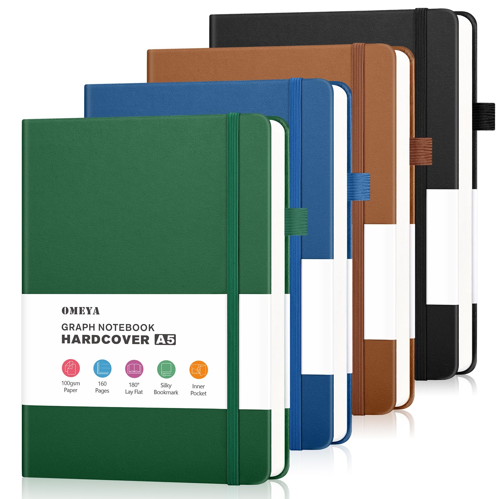 Graph Paper Notebook 4 Pack, 160 Pages, A5 Medium Size (5.7" x 8.3"), 100gsm Thick Grid Paper, Hardcover Leather Grid Notebook Journal for Writing, Graph Notebook for Work, School, Math, Engineering