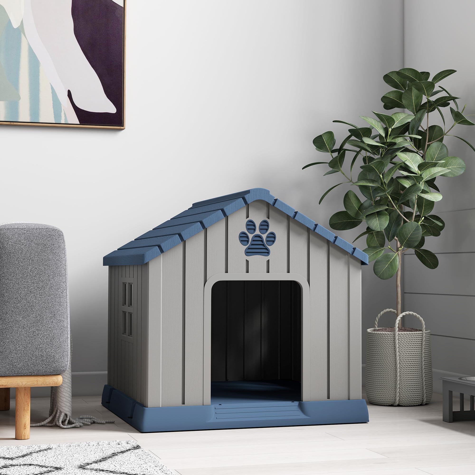 PawHut Niche pour Chien extérieur en polypropylène imperméable, ventilé, Ultra Facile à Assembler, Maison Chien extérieur, Plancher surélevée et bouches d'aération, Jardin, terrasse, intérieur, Gris