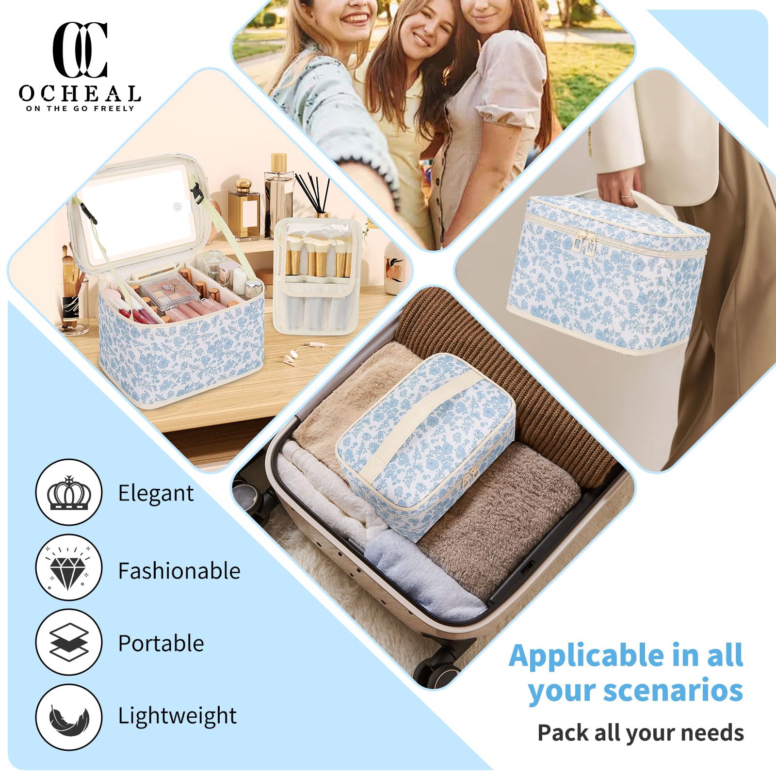 Makeup Bag with LED Mirror, 3-Color Light Travel Cosmetic Organizer