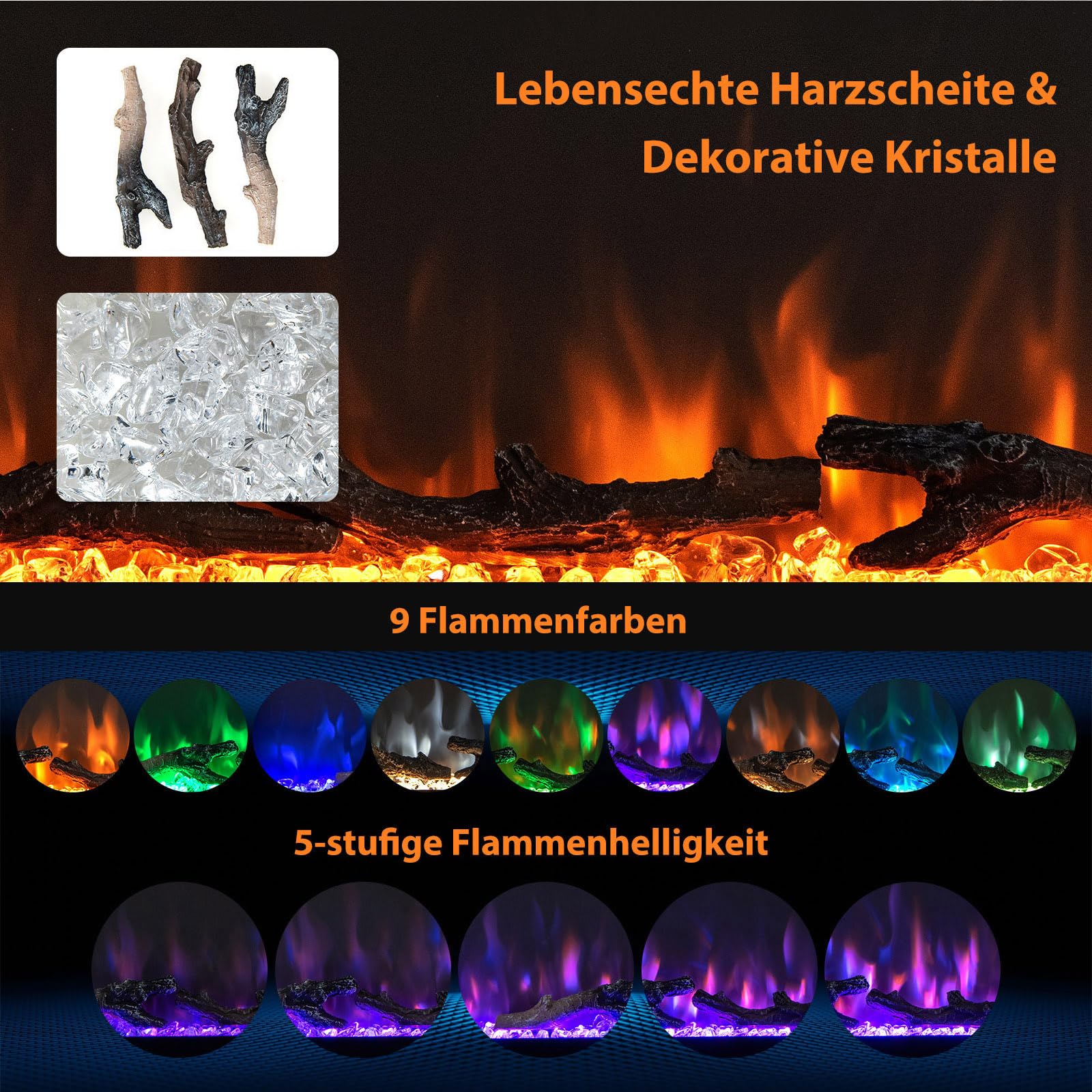 GOPLUS 91 cm Elektrokamin, Elektrischer Wandkamin mit Fernbedienung & Touchscreen, Kaminofen Wand mit 9 Farben Flammeneffekte & 5 einstellbaren Helligkeitsstufen, 750 W/1500 W Heizlüfterfunktion, 36"