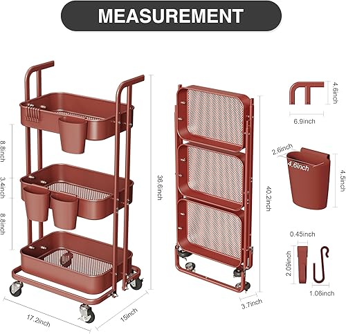 Miniatura 6 de Carrito plegable de 3 niveles, carrito de metal con ruedas, 3 tazas colgantes y 6 ganchos, carrito plegable para sala de estar, cocina, baño,