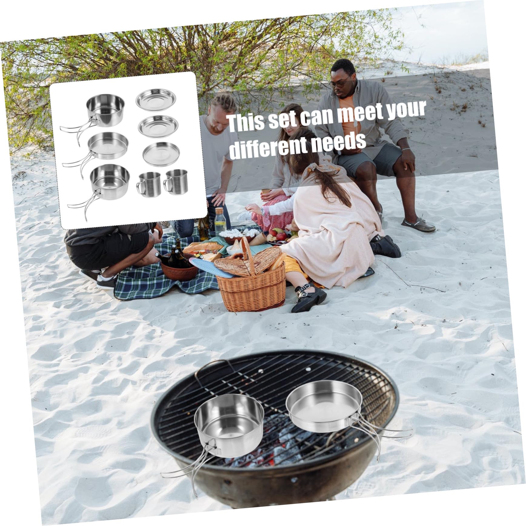 Cabilock Ensemble Cuisine De Camping INOX 8 Pièces, Marmite Et Poêle Pliables, Ustensiles Résistants à La Rouille, Portable pour Pique-niques Randonnée Barbecue en Plein Air