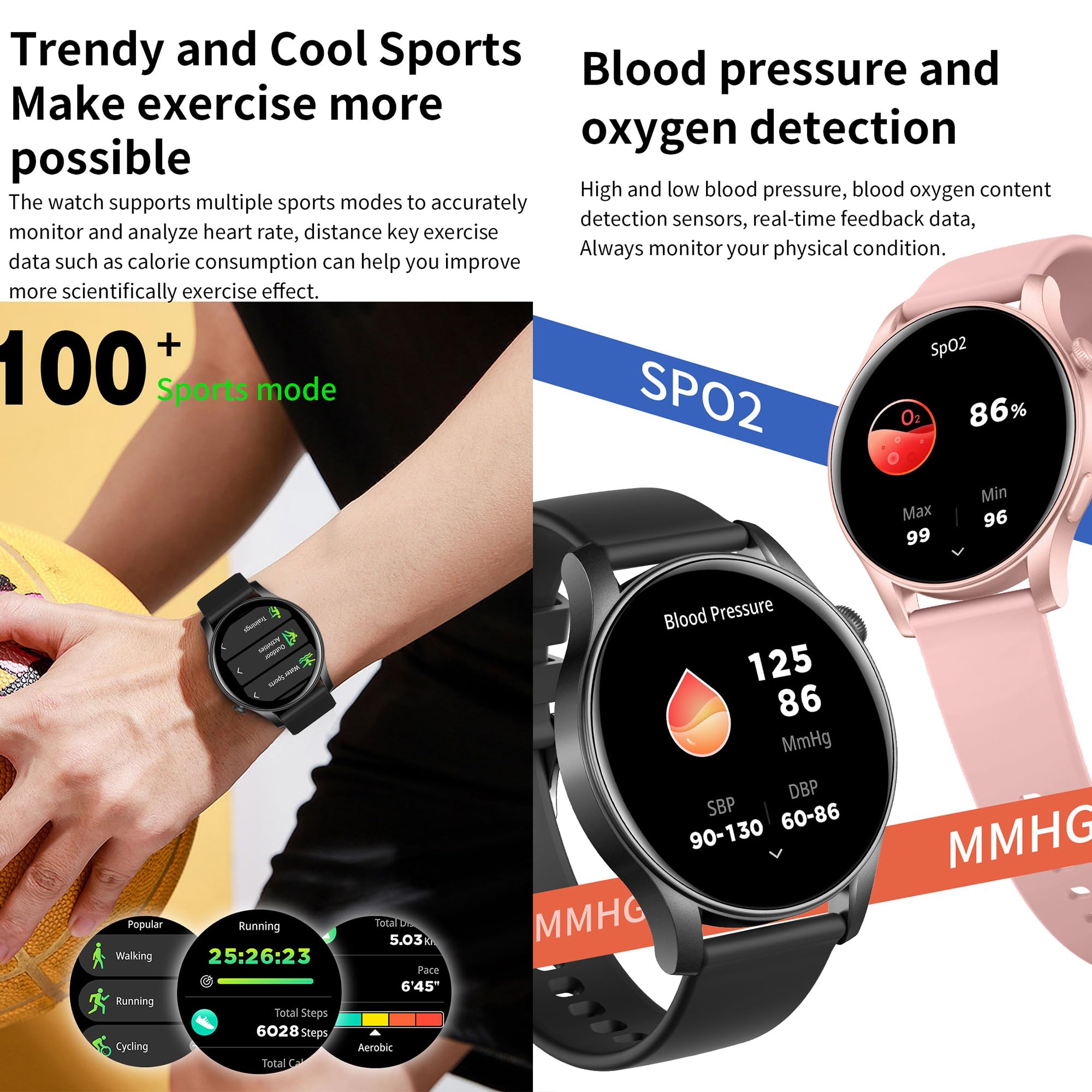 Montre Connectée Femme, 1,43" AMOLED Smartwatch avec Appel Bluetooth 5,1/Numérotation, 123 Modes Sportifs, Cardiofrequencemètre, Podometre Moniteur de Sommeil, Fitness Tracker pour Android iOS (Rose)