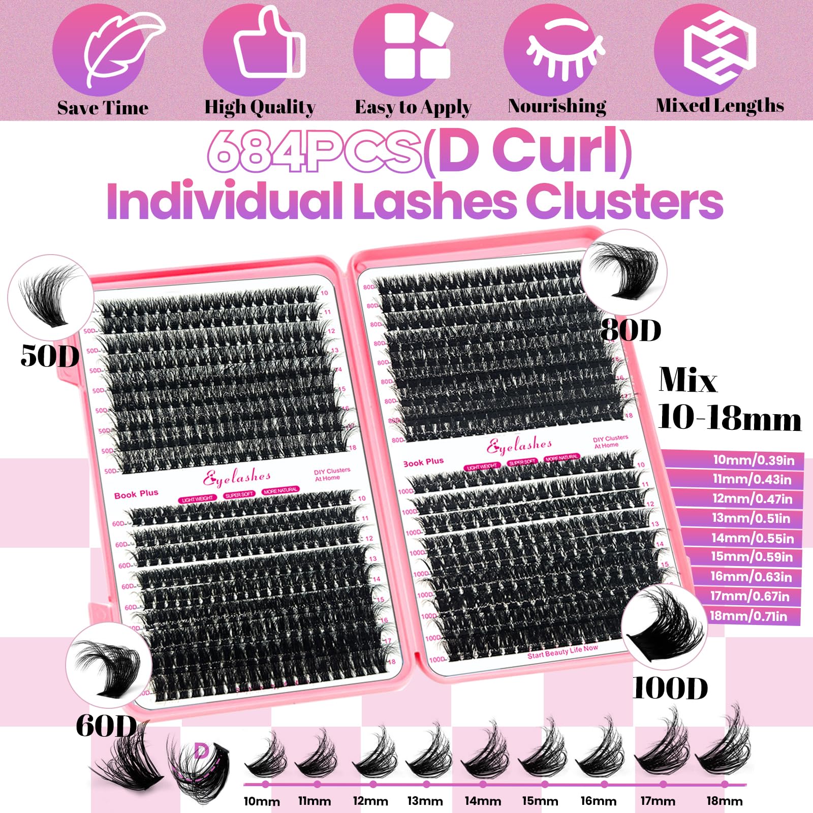Kit de Extensión de Pestañas Fluffy DIY Extension de Rollo D 684 Piezas Independientes,Pegado y Sellado de Pestañas,Cepillo de Pinzas Eliminación de Pestañas (10-18mm,50D+60D+80D+100D)