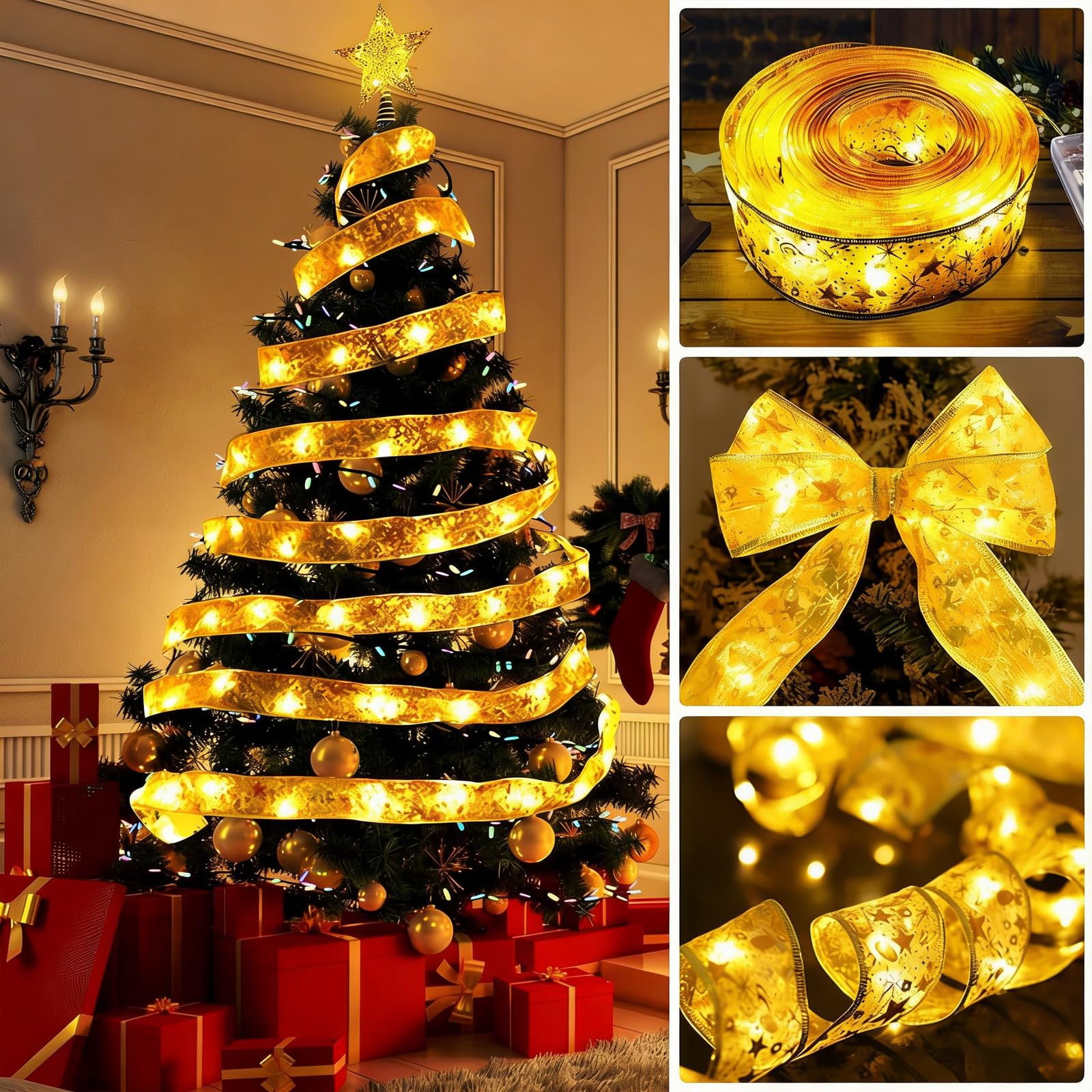 Guirnalda de luces LED con copos de nieve y estrellas navideñas para árbol de Navidad 8