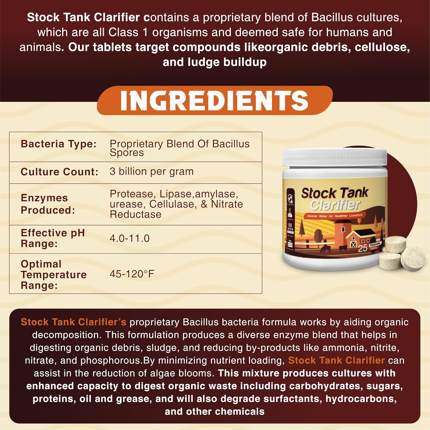 Stock Tank Clarifier - Improves Livestock Water by reducing buildup and Creating Healthier Water troughs. Safe for Horses, Cattle, Sheep, Goats & Chickens. (Tablet, 25, Count)