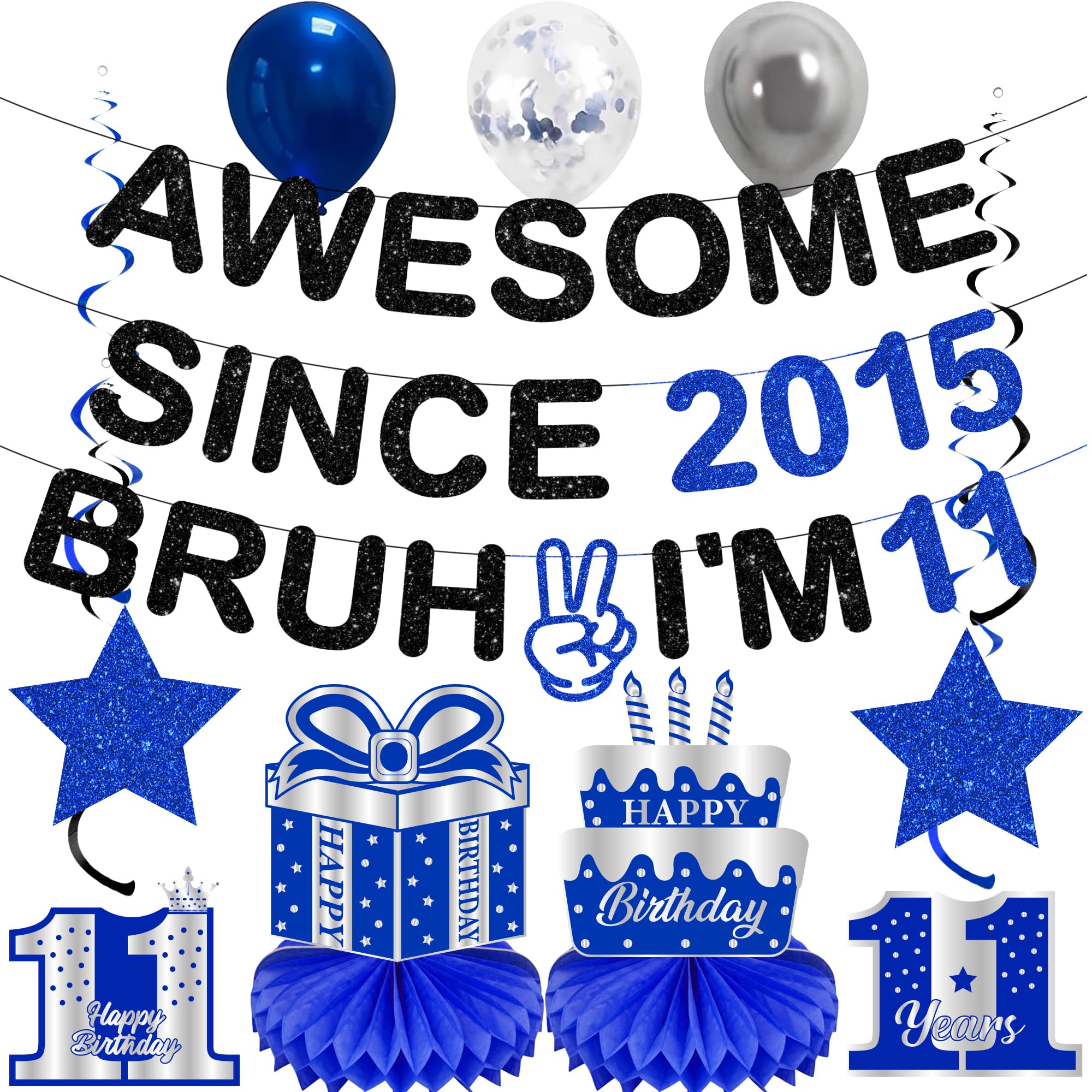 11 Birthday Decorations Banner Boys - 12 Pcs Glitter Black Blue Awesome Since 2015 Bruh I'm 11 Banners Pre Strung Hanging Swirls Honeycomb for Eleven Year Old Party Decor Supplies