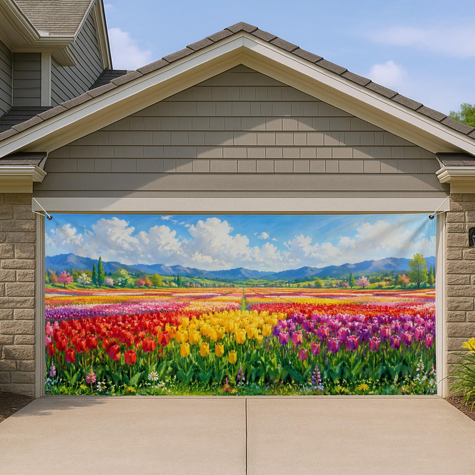 Décoration extérieure de garage contre la grisaille printanière avec motif champ de fleurs