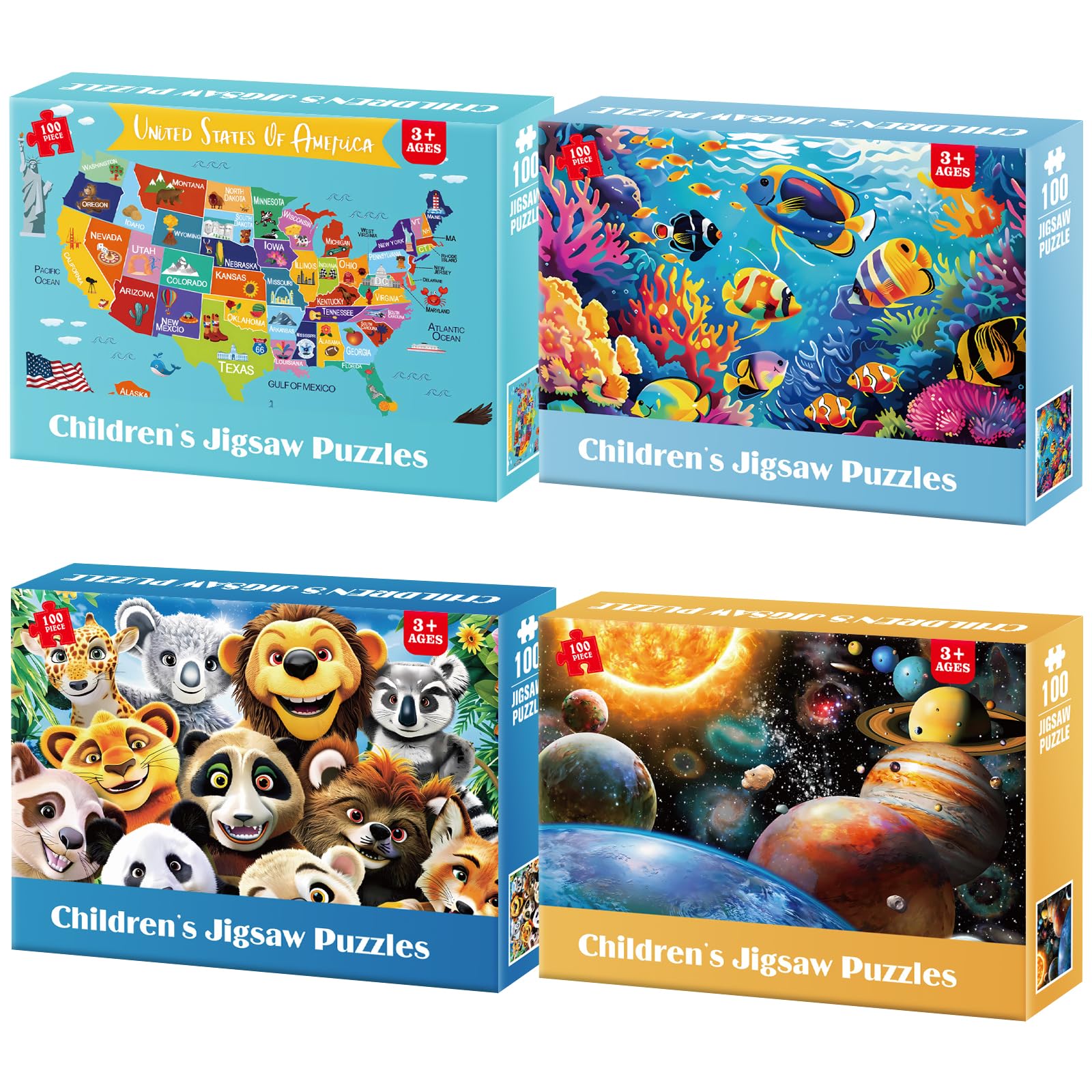 Jeacirio 4 Pack 100 Piece Puzzles for Kids Ages 4-6 - Jigsaw Puzzles for Kids Ages 6-8 8-10 100 Piece Jigsaw Puzzle for Adults Toddler Children