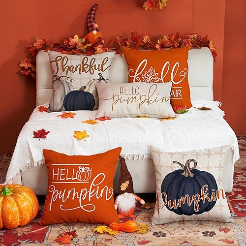 Miniatura 5 de DFXSZ Juego de 4 fundas de almohada de otoño de 20 x 20 pulgadas, diseño de calabaza azul otoñal, decoración de Acción de Gracias para el hogar,