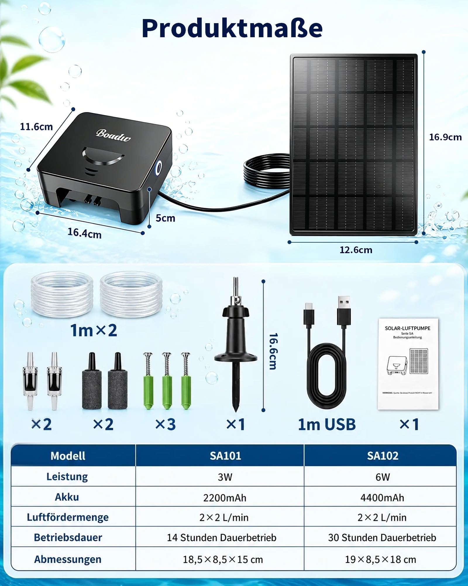 3W Solar Teichbelüfter mit 2200 mAh Akku, Belüftungssets für gartenteiche mit Solarpanel, Sauerstoffpumpe Teich Winterfrostschutz 2 Luftsteine für Garten und Angeln an Bewölkten Tagen