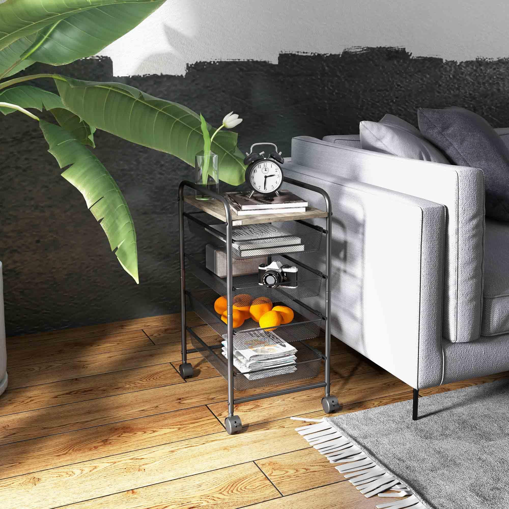 Chariot De Cuisine HOMCOM 4 Paniers - Étagère Avec Roulettes 33x33x77cm - Noir Acier Et Plastique