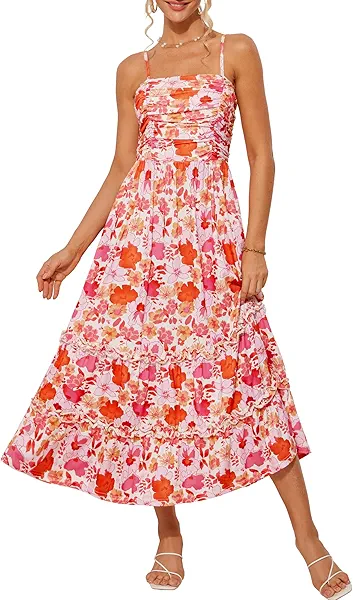 GRACE KARIN Women's 2025 Summer Boho Dress Floral Print Square Neck Ruffle Swing Beach Long Maxi Dress with Pockets