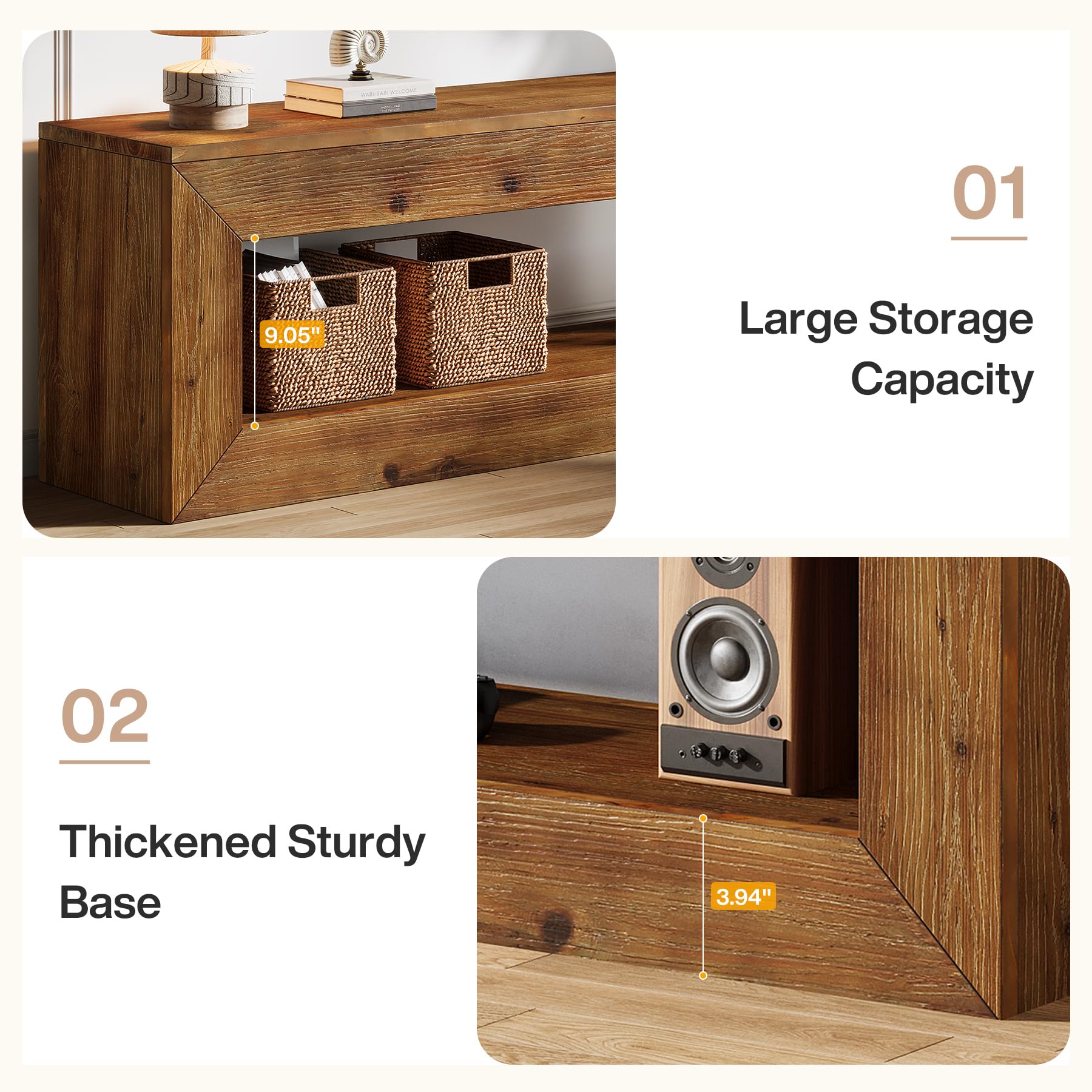Meuble TV en Bois Massif, Meuble pour télévision Style Campagne jusqu'à 55 Pouces,120 cm Meuble sous téléviseur, Banc TV avec Rangement, Console TV pour Salon, Chambre, Marron Rustique