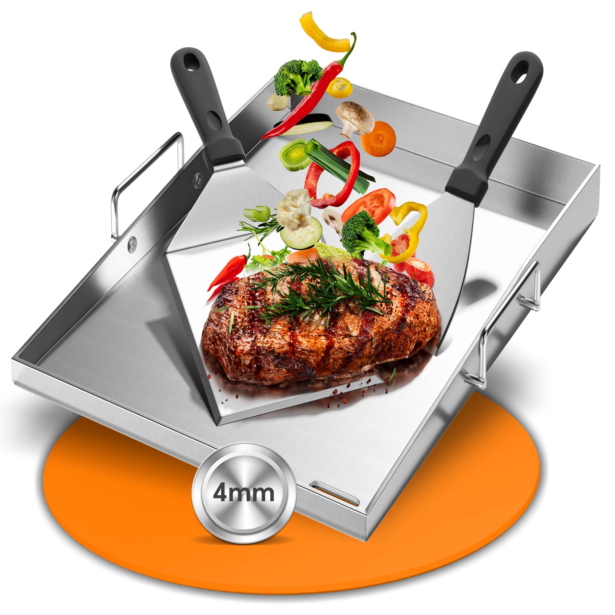 Plancha Grillplatte Edelstahl 40x30cm (4mm) für Gasgrill & Holzkohlegrill – Geschlossene Ecken, Fettablauf, Rostfrei – mit Tragebügel & 2 Spachtel – Camping & Garten