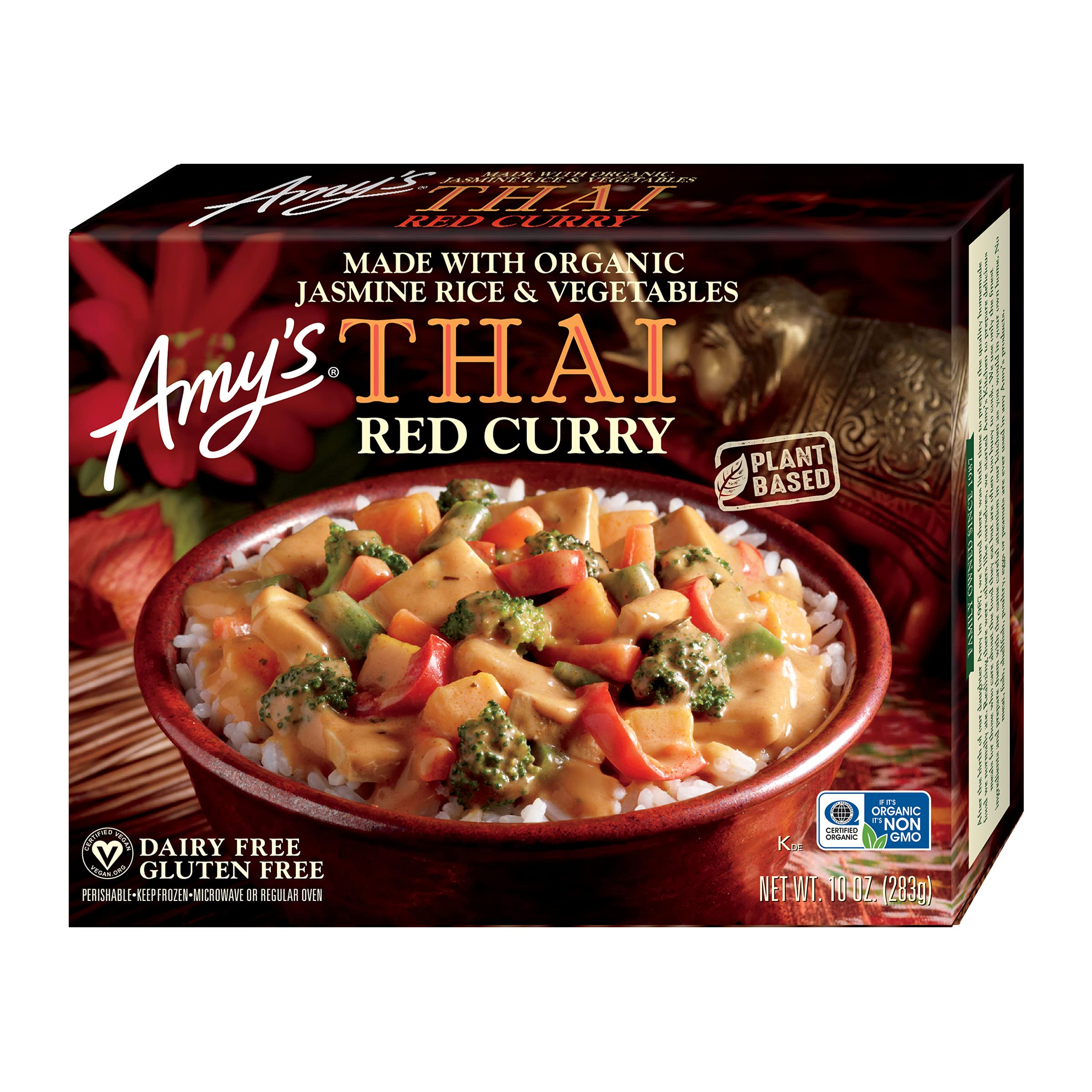 Amy's Frozen Meals, Thai Red Curry, Made with Organic Jasmine Rice, Broccoli, Carrots and Coconut Milk, Vegan & Gluten Free, 10 oz.