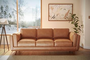 Valencia Artisan Full Leather Sofa 88 - Pure Full Italian Nappa Leather Couch, Solid Wood Accent, Ultimate Comfort, Cognac Tan