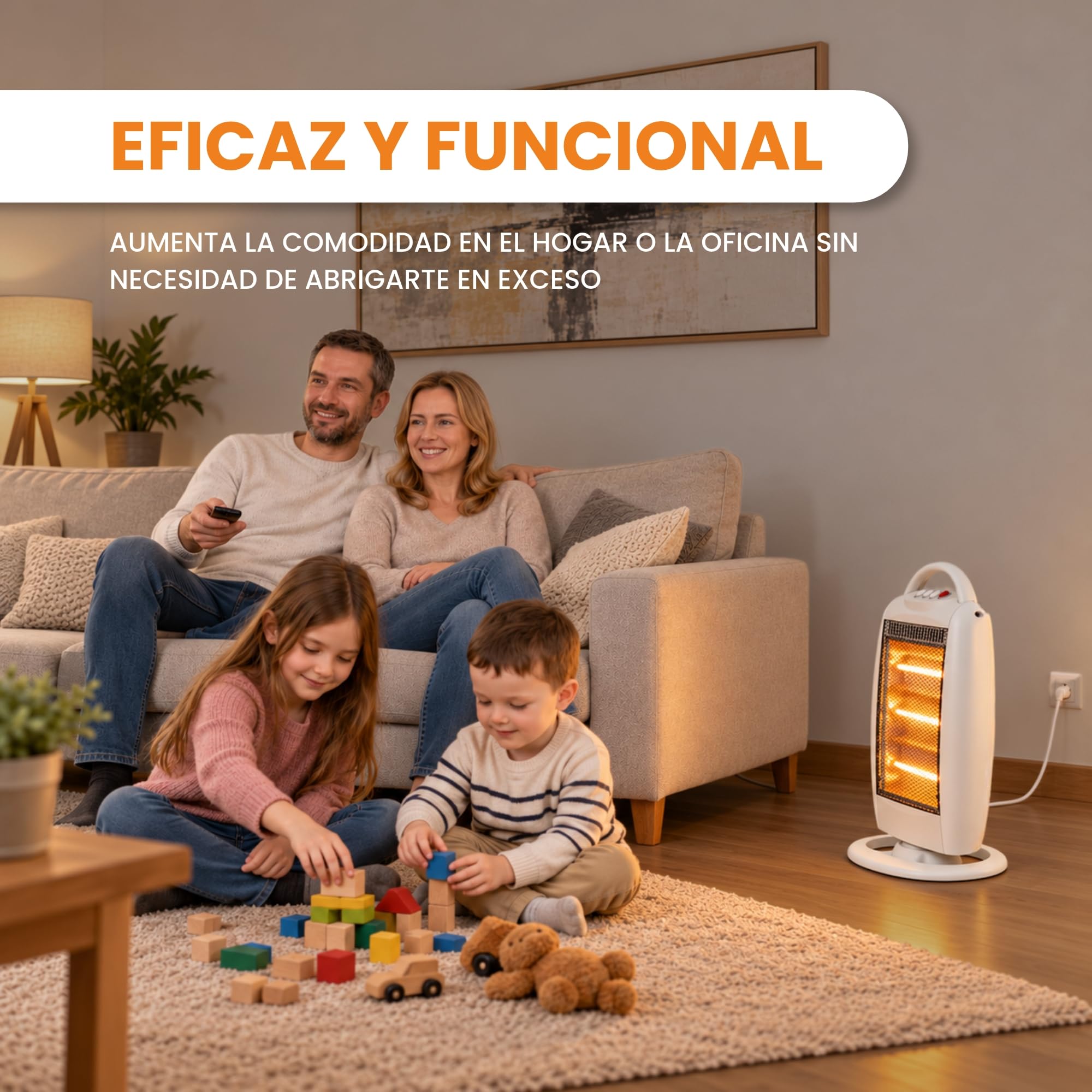 Estufa Halógena Oscilante 400/800/1200 W con Antivuelco y Asa, Blanco - imagen 6