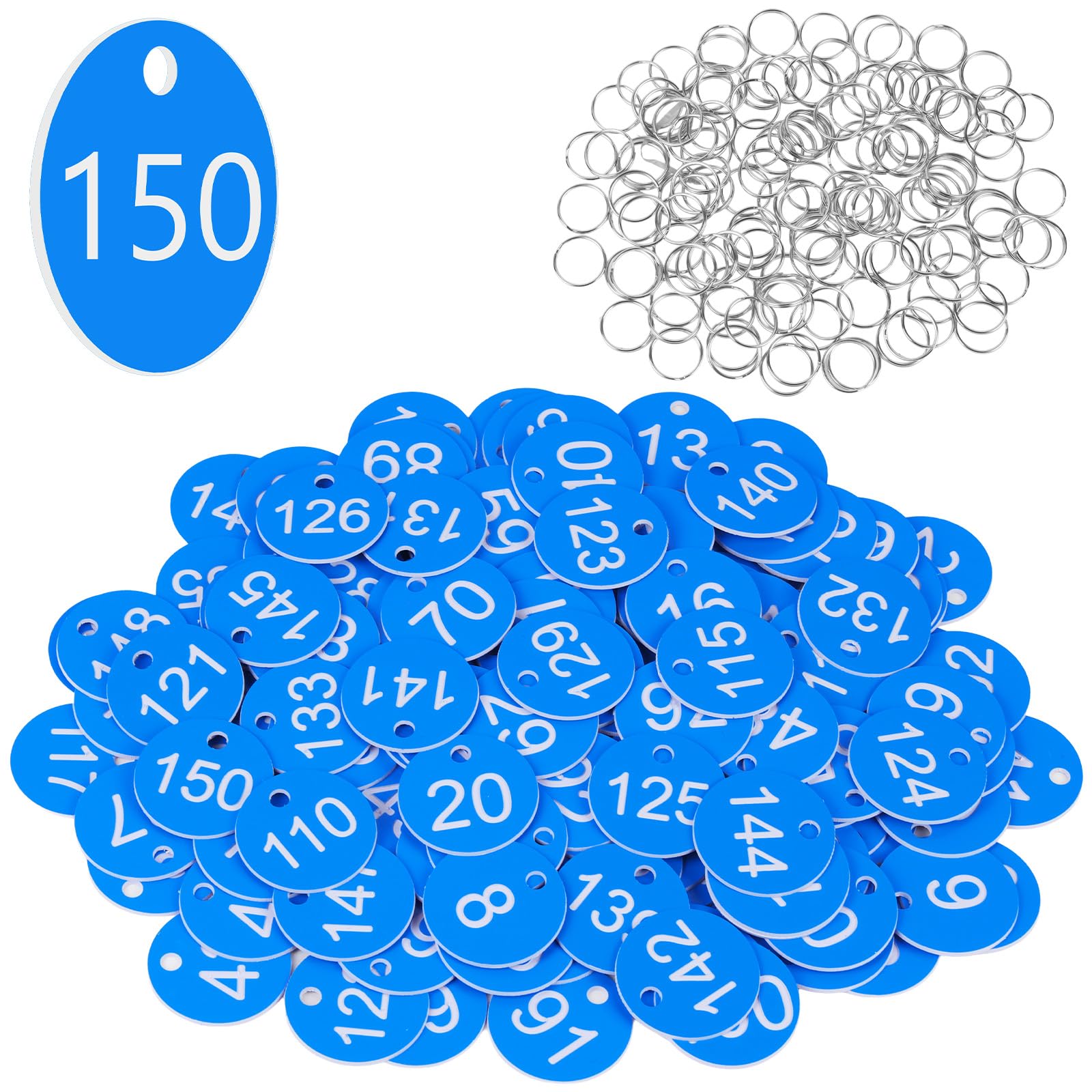 Flintronic 150PCS Plastic Number with Key Rings, Engraved Numbered Tags, Plastic ID Tag Table Numbers, Discs Number Tags for Office, Hotel, Mailbox, Dormitory (1-150 Sky Blue)