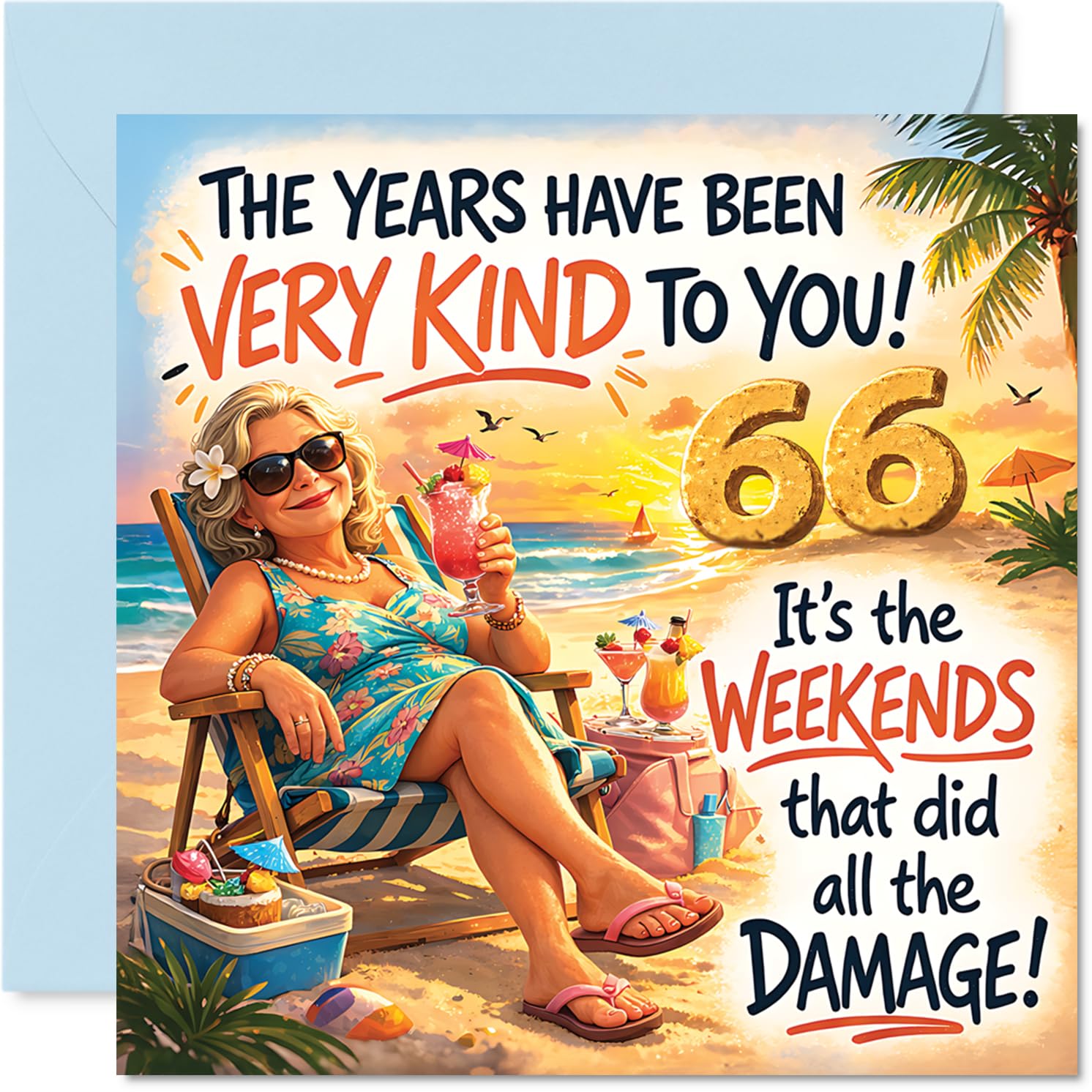Funny 66th Birthday Card - Cheeky Beach Vibes - Relaxing Lady Illustration with Witty 66th Birthday Joke - 145mm Square, Envelope Included