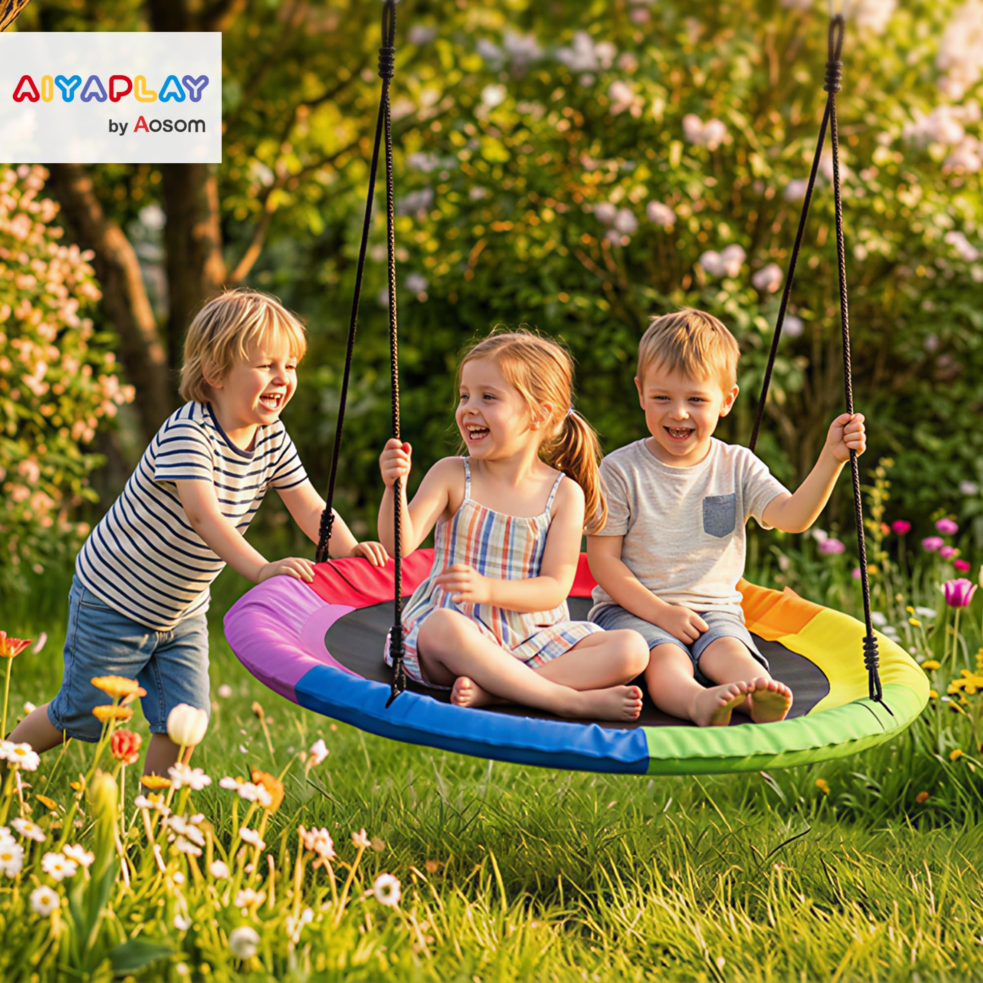 AIYAPLAY Altalena da Albero, Altalena a Nido per Bambini da Ø100 cm con Corde Regolabili e Cinghie, Gioco da Esterno per Bambini 3-8 Anni, Capacità 300 kg, Multicolore - 2