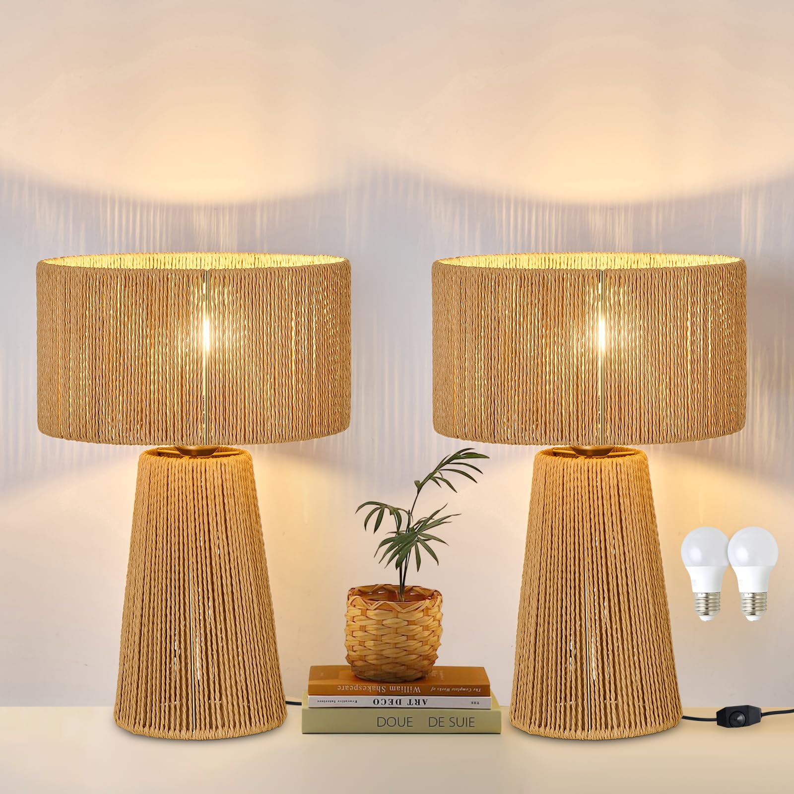 YYJLX Boho Table Lamp Set of 2 Large Rattan Gold Nightstand Lamp with Dimmer Switch Farmhouse Bedside Lamp for Living Room Bedroom Office(Includes E26