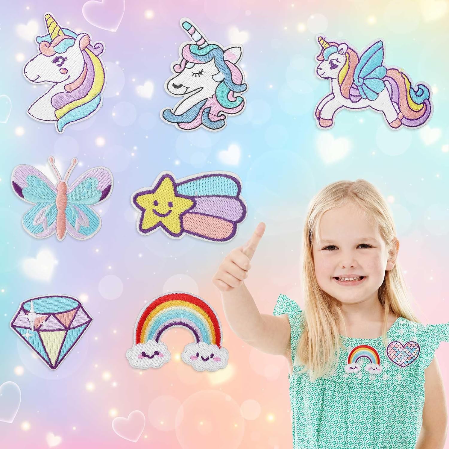 8pcs Dreamy Unicorn Iron On Patches for Girls, 8 Styles Embroidered Iron On Patches DIY Sew Applique Repair Cute Rainbow Heart Butterfly Diamond Patches for Kid Cloth Backpack Hat Jean Dress