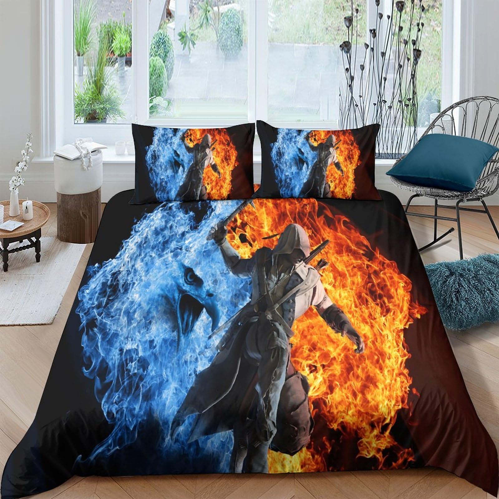 Ctjqhvkz Style-5 3D Printed Fire And Ice Fitted Sheet Microfiber Soft Breathable Fantasy Warrior Bed Cover For Bedroom Dorm Mattress Decor Single（135X200cm）