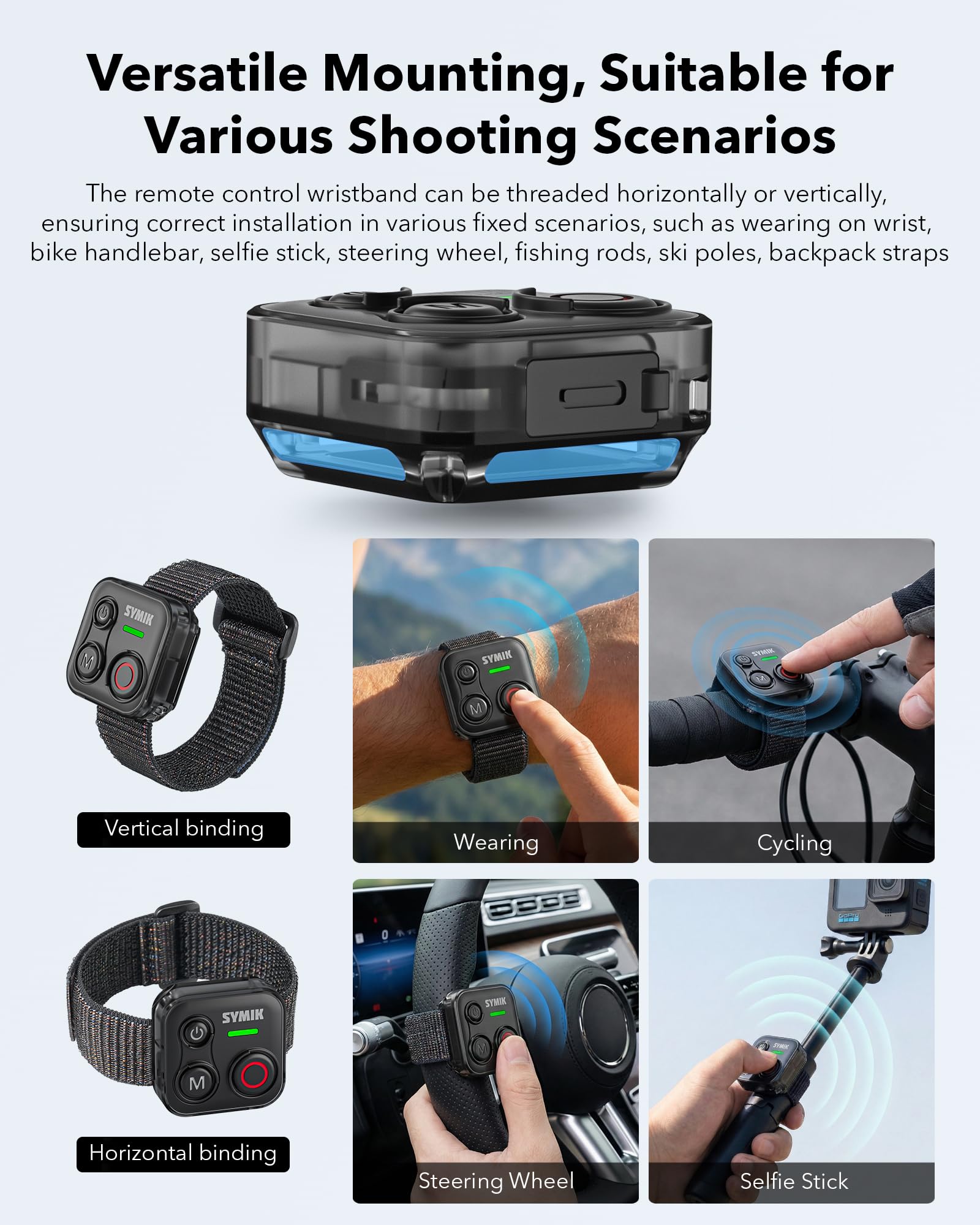 SYMIK Telecomando Universale per Insta360, GoPro, DJI, Smartphone | Controller Bluetooth per Scatto di Action Cam, Resistenza agli Schizzi, Portata 70m, Batteria 120h, Ricarica Type-C