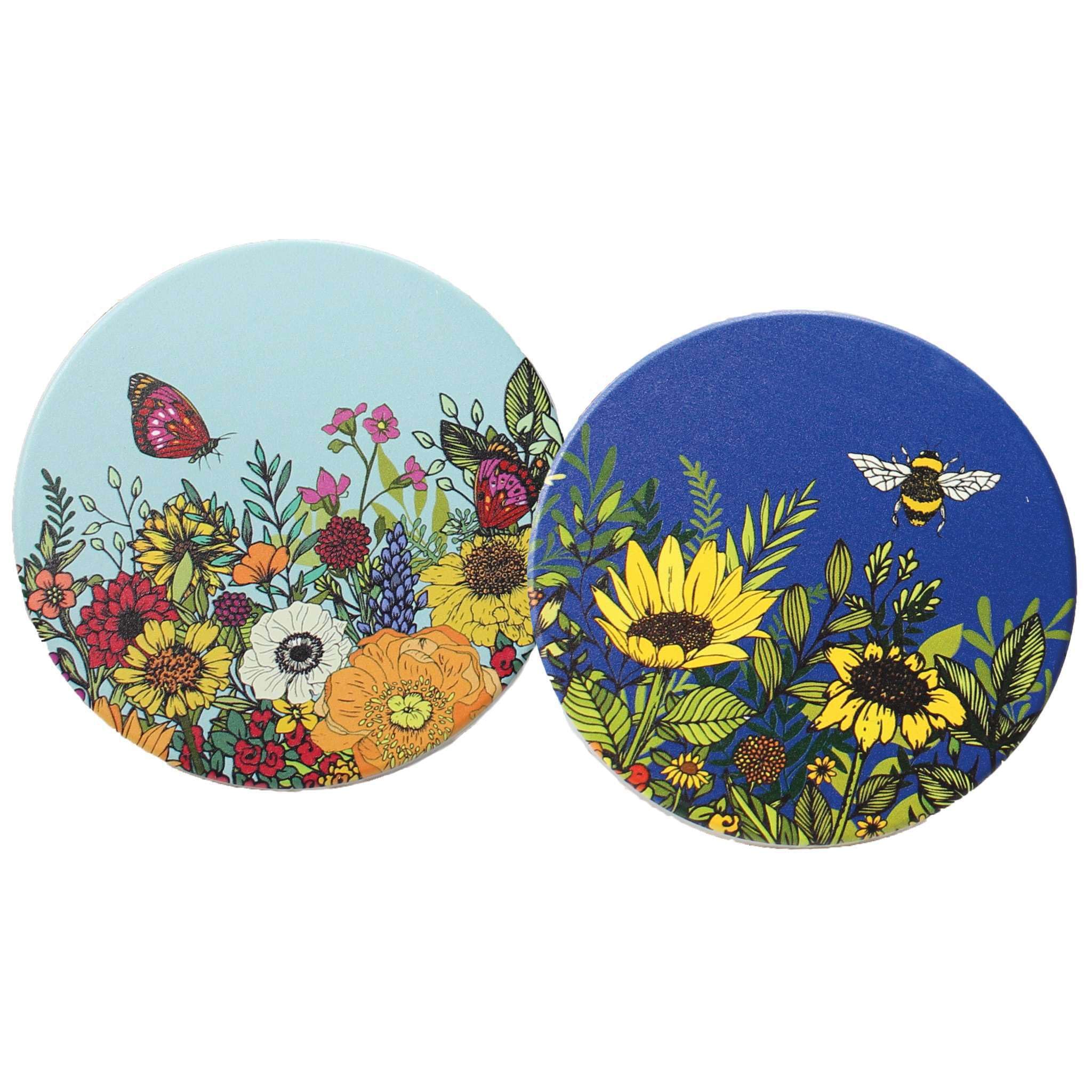 Half Moon Bay Wildflowers Butterfly and Bee - by Natasha Kirby - Multicolor 4 Inch Stoneware Drink Beverage Coaster; Set of 2