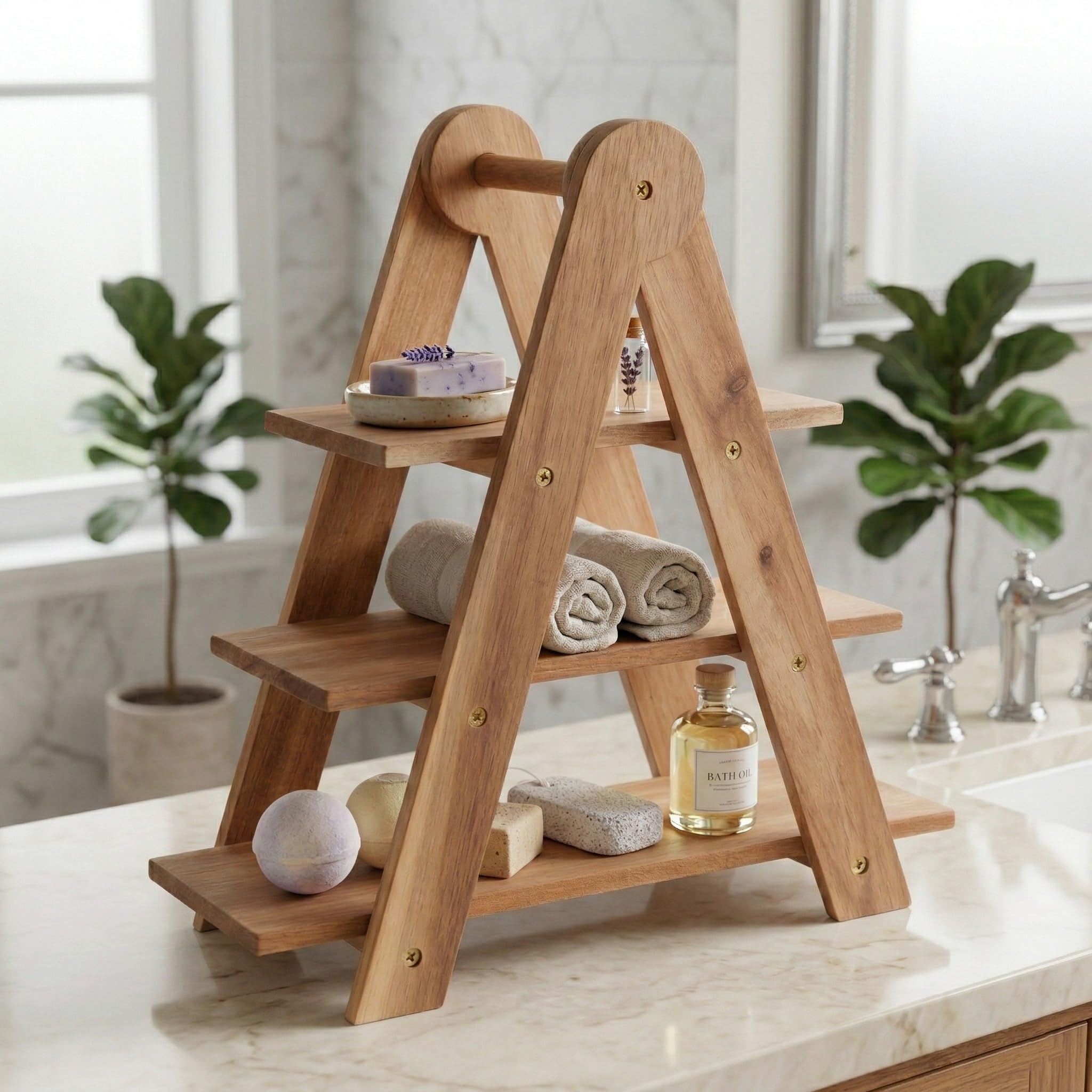 Deconox Doğal Akasya Ahşap 3 Katlı Sunum Standı - 37x12.3x37.5 cm Çok Amaçlı Katlı Servis Tepsisi, Kurabiyelik ve Peynir Sunumluğu