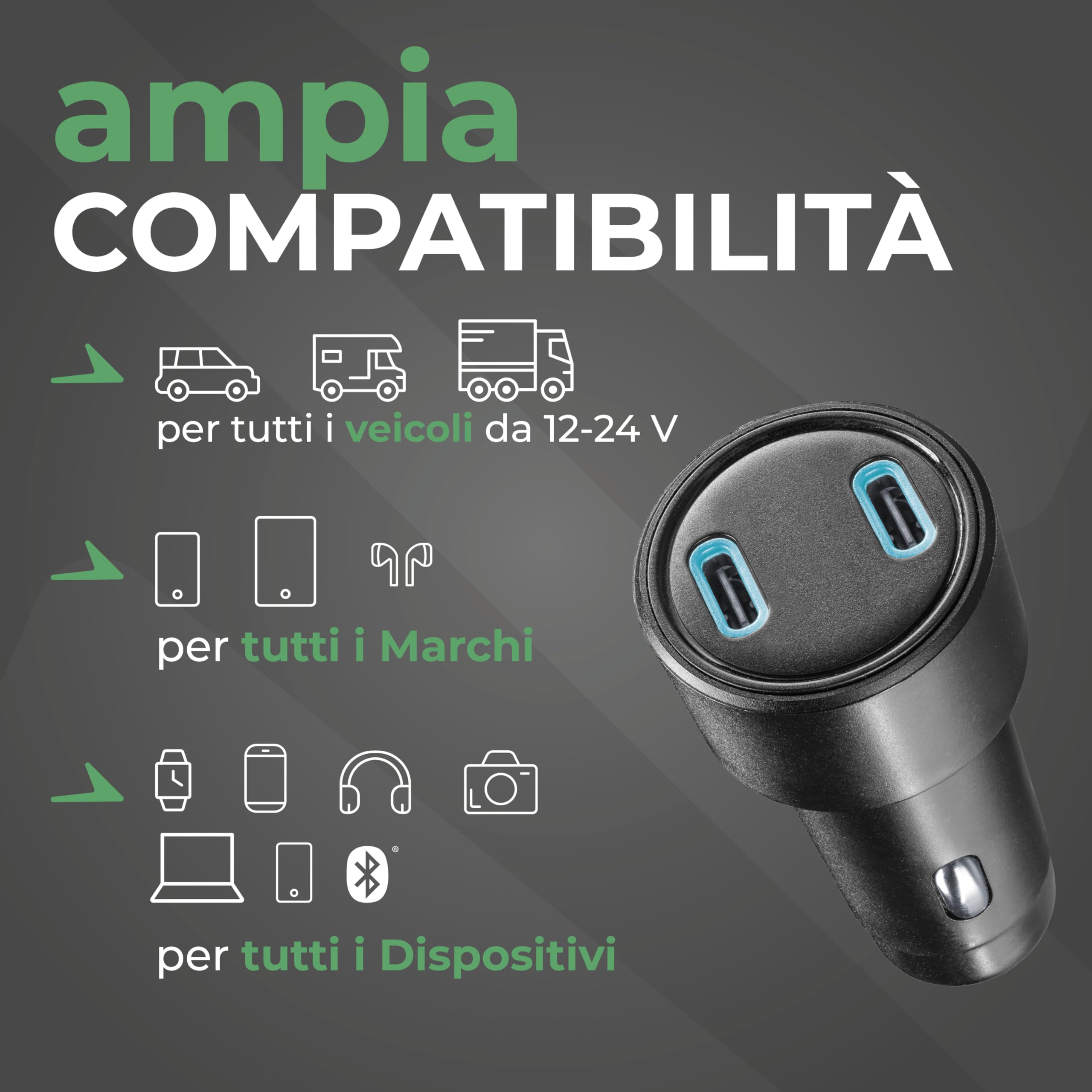 Caricabatterie Rapido 65W - 2 Porte: 1xUSB-C 20W PD + 1xUSB-C 45W PD - Cavo USB-C 1m Incluso - LED Attivo - Ricarica Sicura in Auto - Adatto a Tutti Gli Smartphone, Tablet e Laptop - Nero