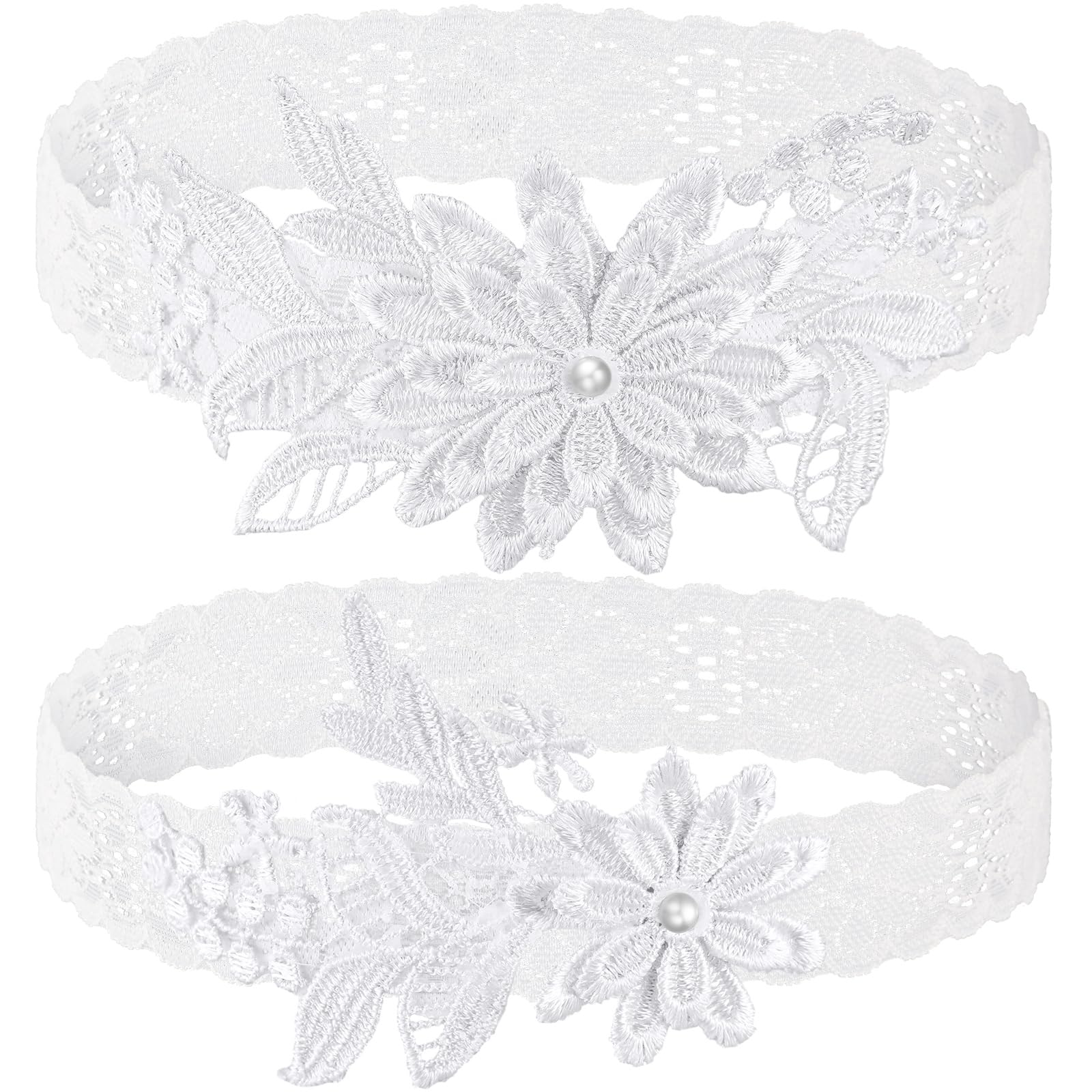 2 Pieces Wedding Garters for Bride Sexy Lace Leg Garter Belt Hand Sewn Faux Pearls Bride Garter Set