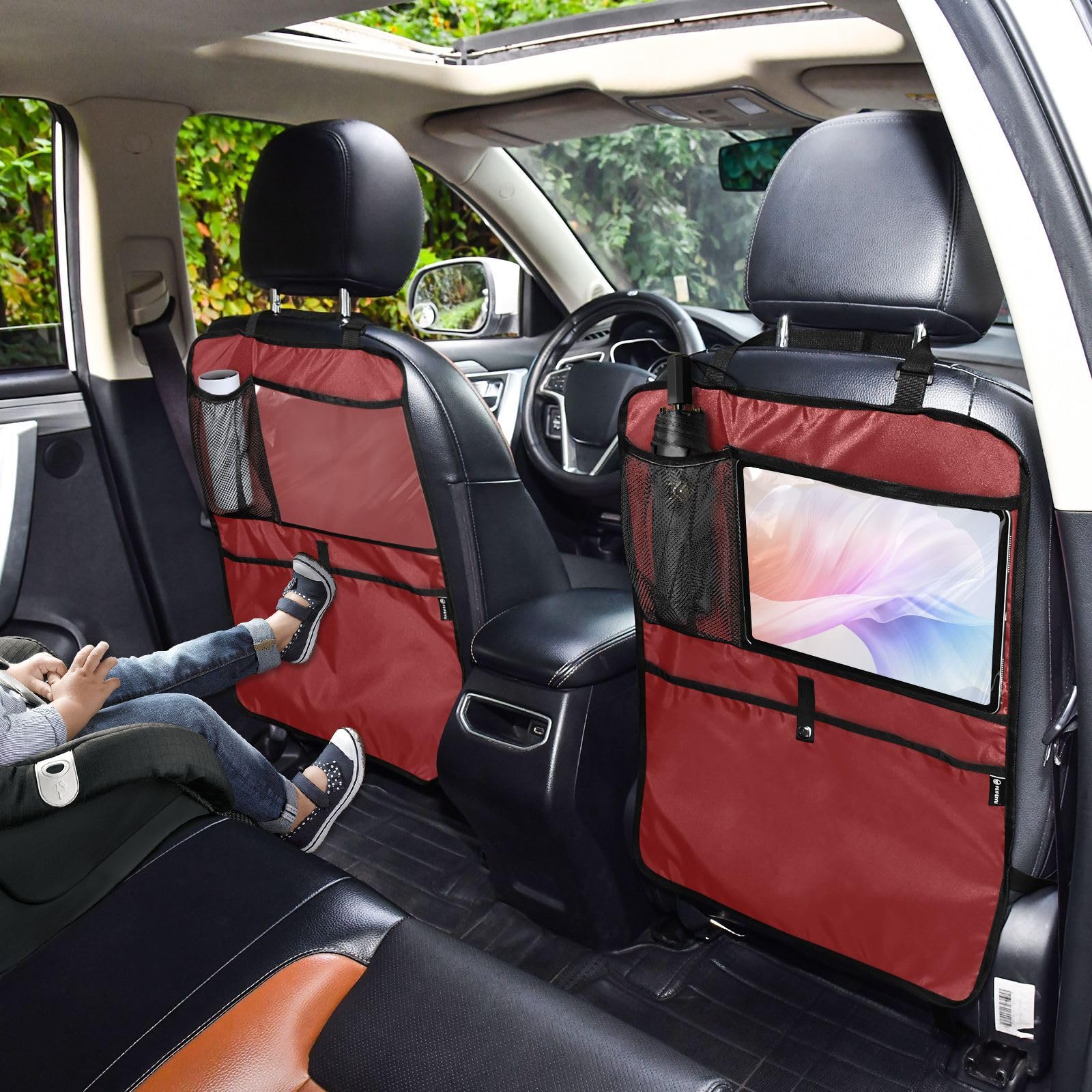 MCHIVER Wine Red Car Seat Organizer for Kids Backseat Kick Mat with Adjustable Strap Seat Back Protectors for Vehicle SUV Car 1 Pcs
