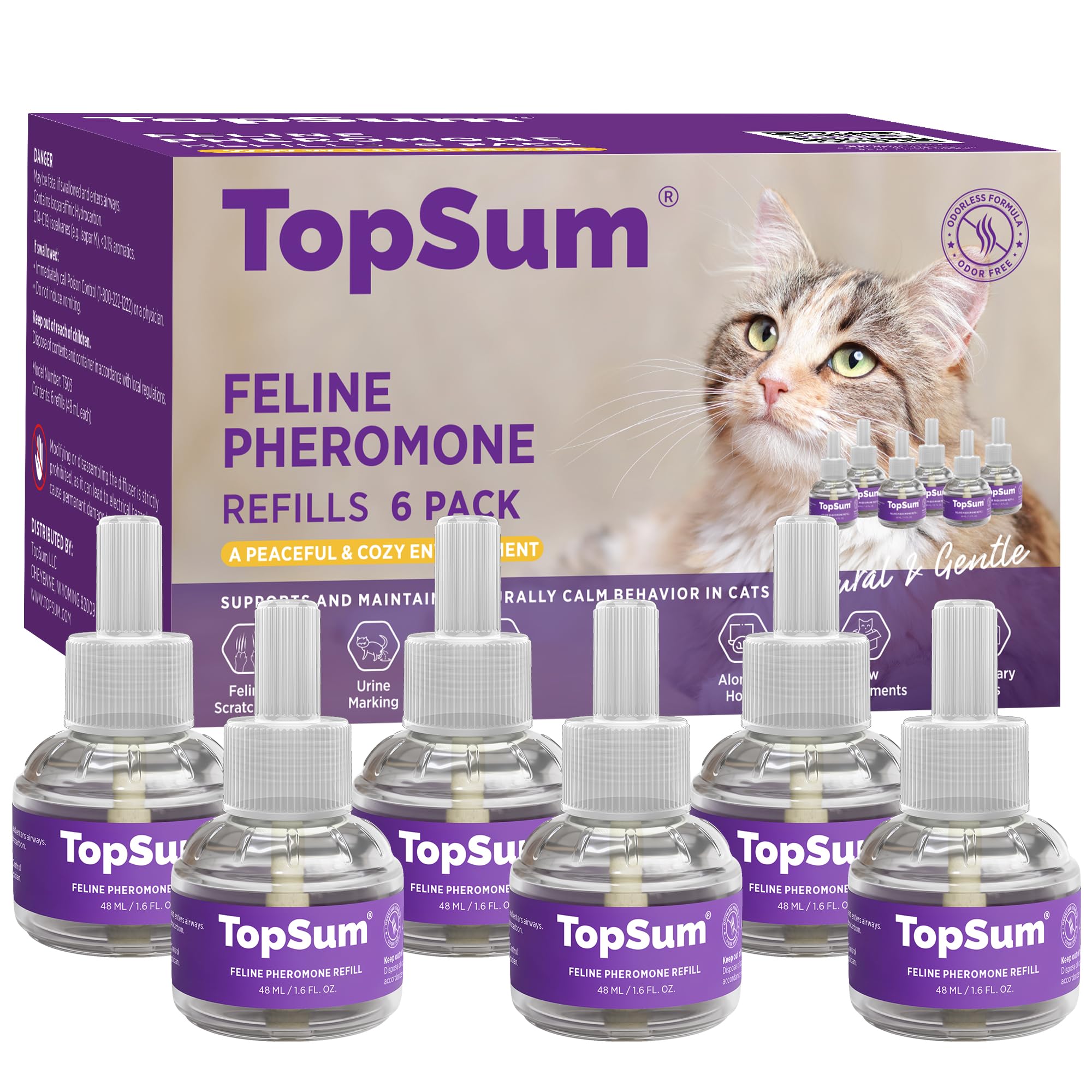 TopSum Cat Calming Diffuser Refill: 6 Refills Top Value Pack Cat Pheromones Calming Diffuser Refill – Helps Reduce Scratching Peeing Meowing Hiding Urine Marking Aggression (6 Refills)