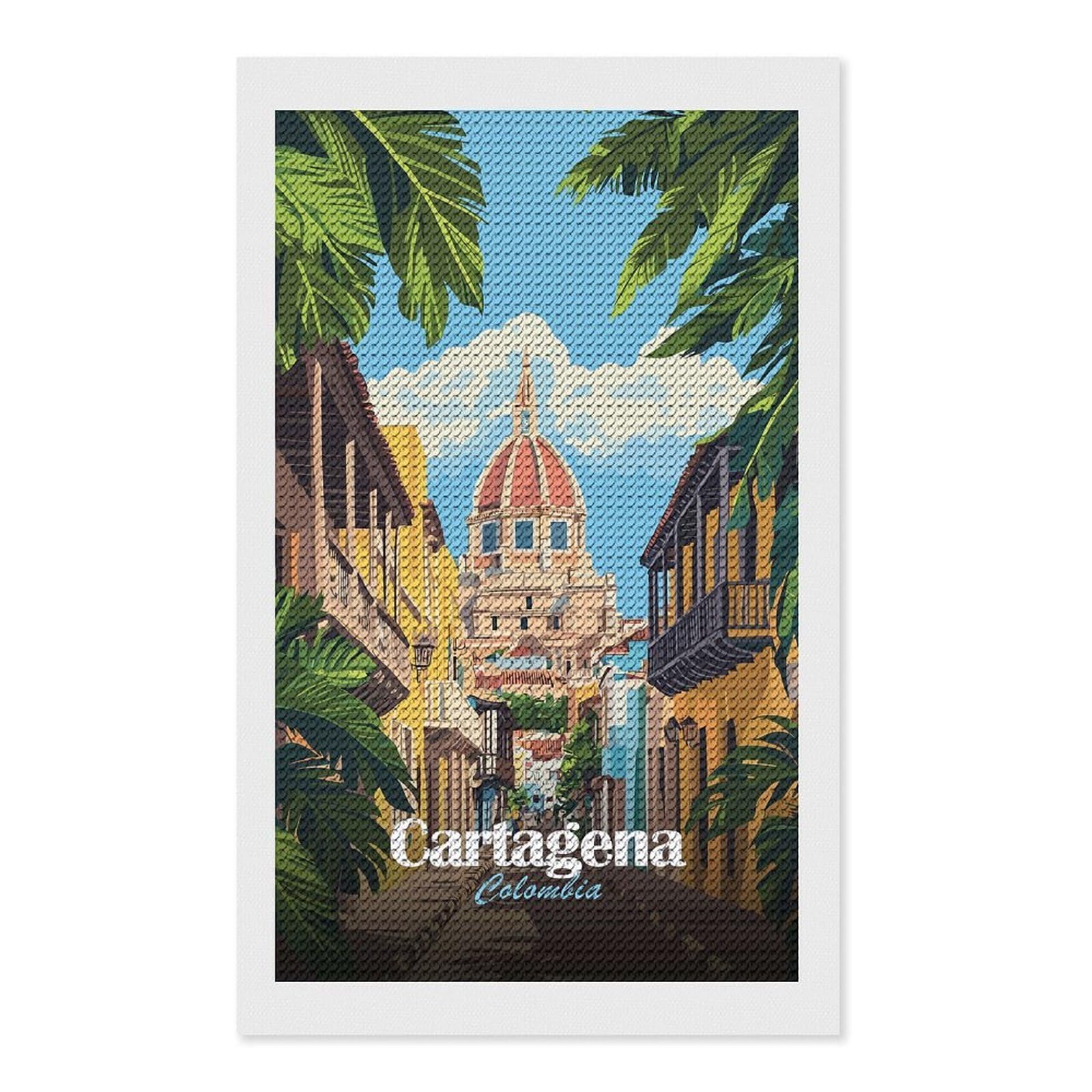 Junmoney Cartagena, Colombia Travel Diamond Art Kit 12"x20", for Beginners, Vintage Style Decor, Good for Quiet Evenings, Festive Craft Gift