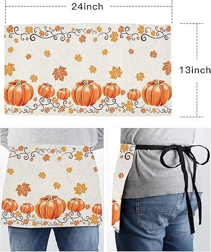 Miniatura 6 de DecorLovee Delantal de camarera con estampado de patas con 3 bolsillos, delantal de servidor de madera verde azulado marrón beige, delantal de