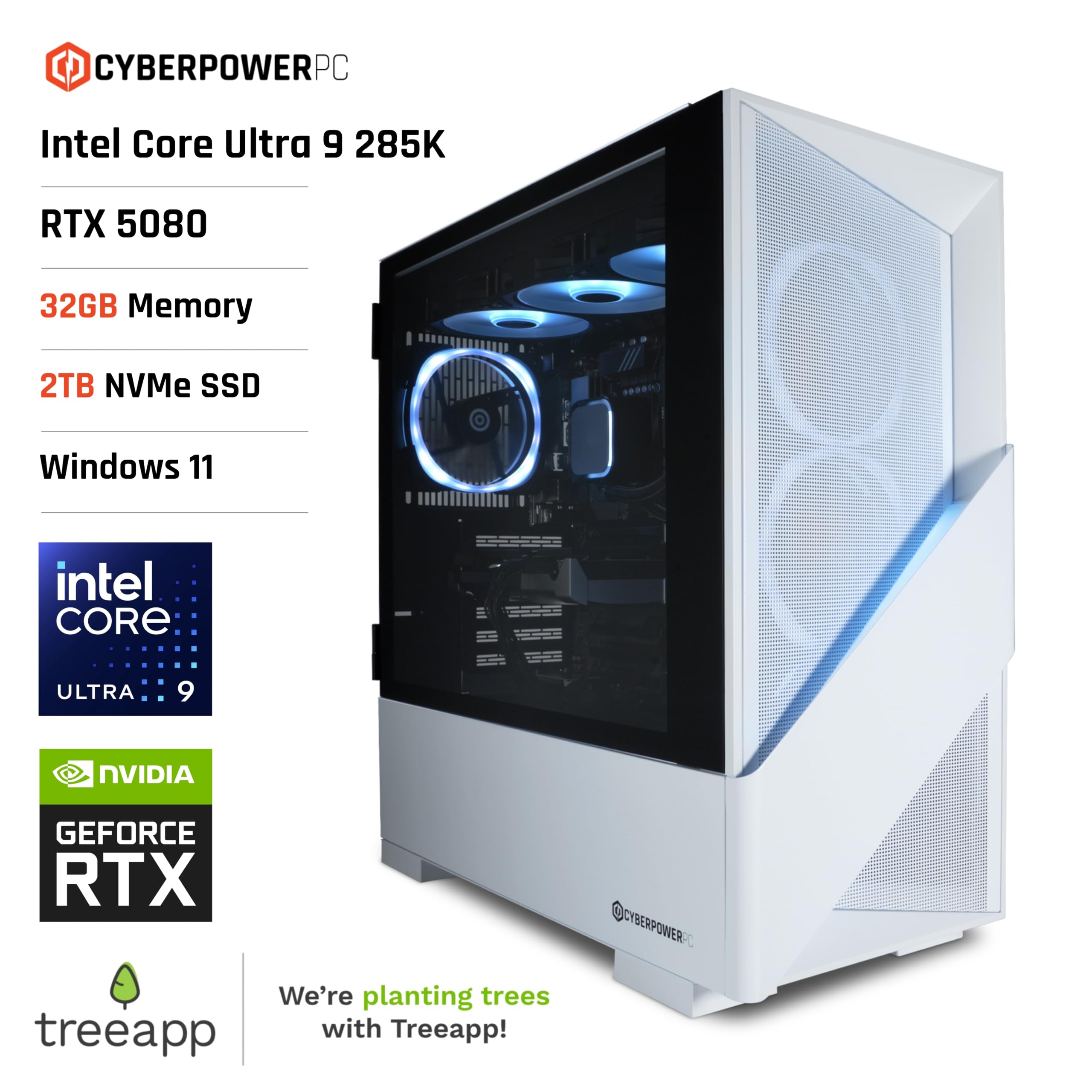 CyberPowerPC Luxe Gaming PC - Intel Core Ultra 9 285K, Nvidia RTX 5080, 32GB RAM, 2TB NVMe SSD, 850W PSU, Windows 11, Liquid Cooling, Amethyst 360M Airflow White